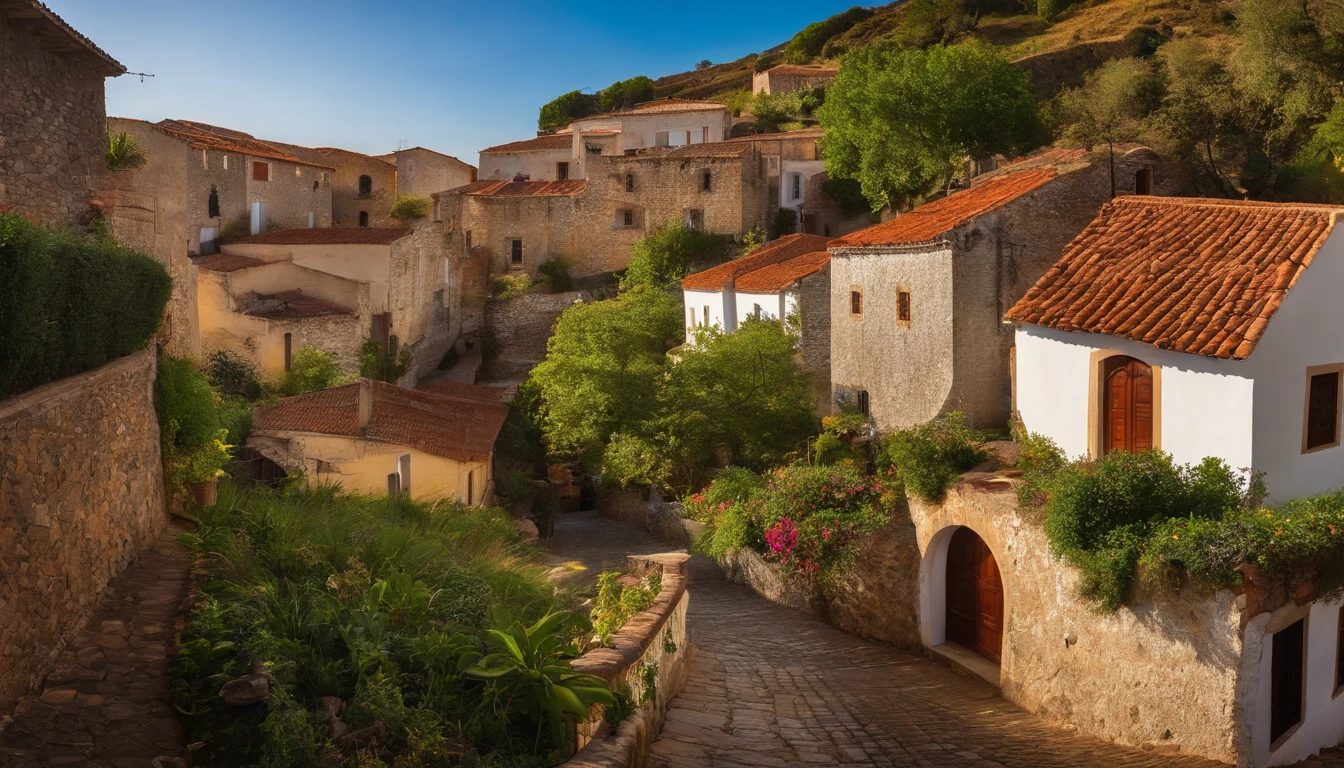 Tranquila aldeia camponesa aninhada nas colinas, com casas de madeira desgastada pelo tempo, clustered along cobblestone streets, Conceptual art, panorama, UHD, 16k
