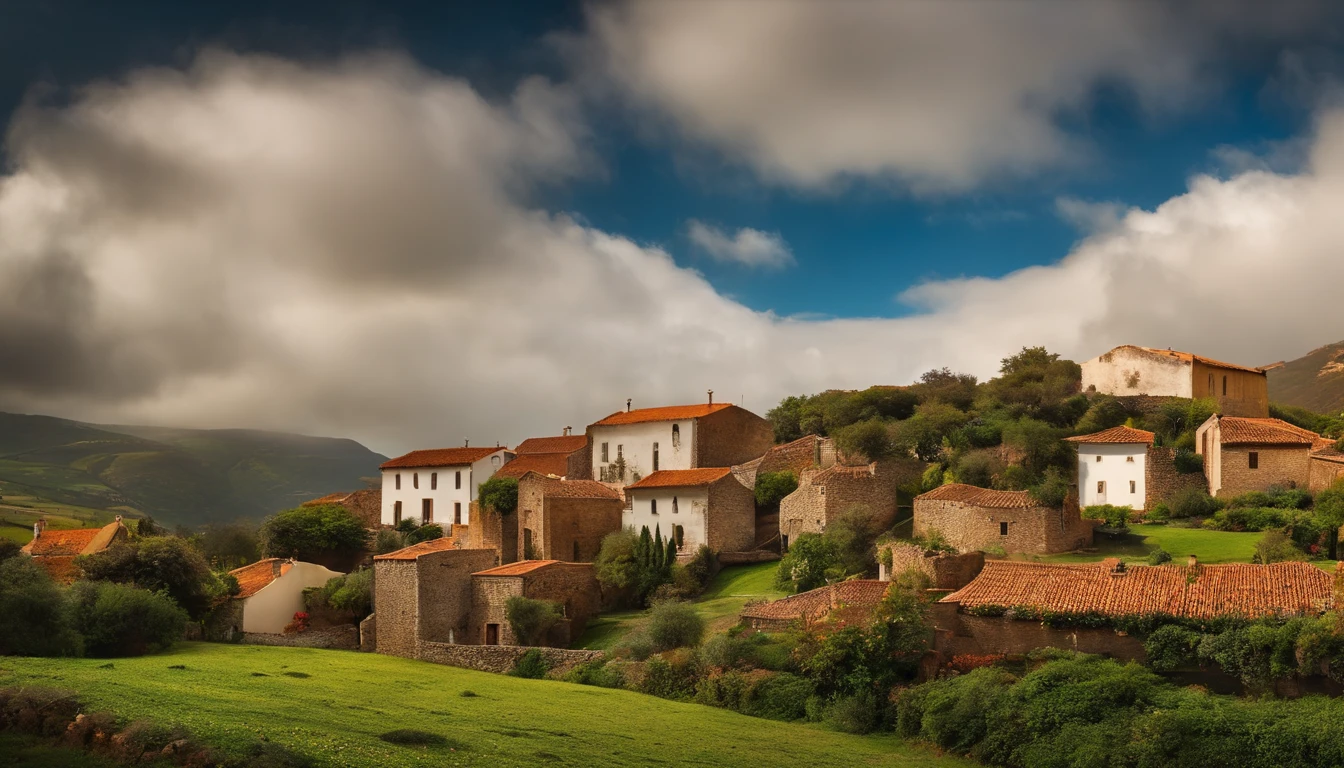 Tranquila aldeia camponesa aninhada nas colinas, com casas de madeira desgastada pelo tempo, clustered along cobblestone streets, Conceptual art, panorama, UHD, 16k