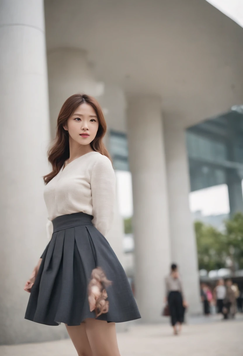 Full body image of the Osaka Expo companion、Skirt is pulled up、pantiy、