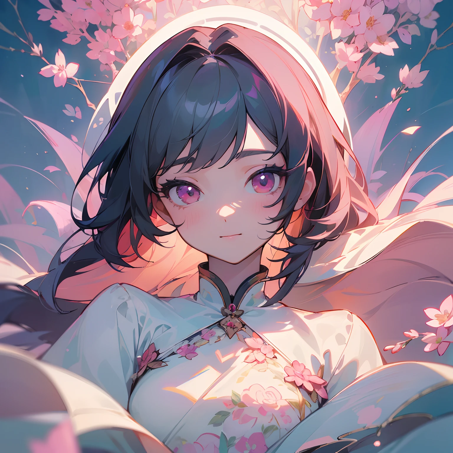 ((masterpiece)),((top-quality)),((The ultra-detailliert)),(illustratio),(Delicate and beautiful),(dynamic ungle),1 cute girl,florals、、length hair、A detailed face、Pink eyes、A slight smil