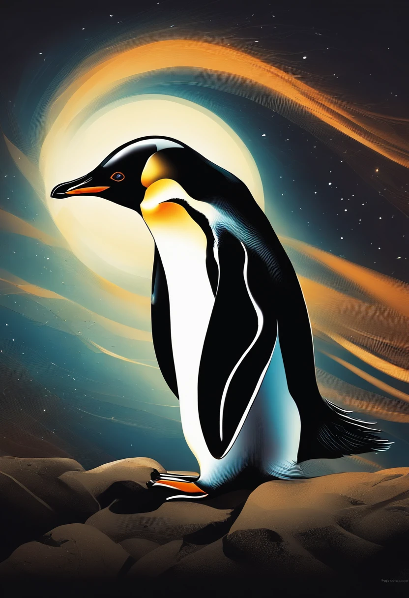Pinguin , Leuchtende helle Augen, Biomechanisch, unheimlich, gruselig, albtraumhaft, Sehr leuchtende Farben, Lichtteilchen, mit leuchtendem Licht, Mshiff, wallpaper art, UHD-Hintergrundbild