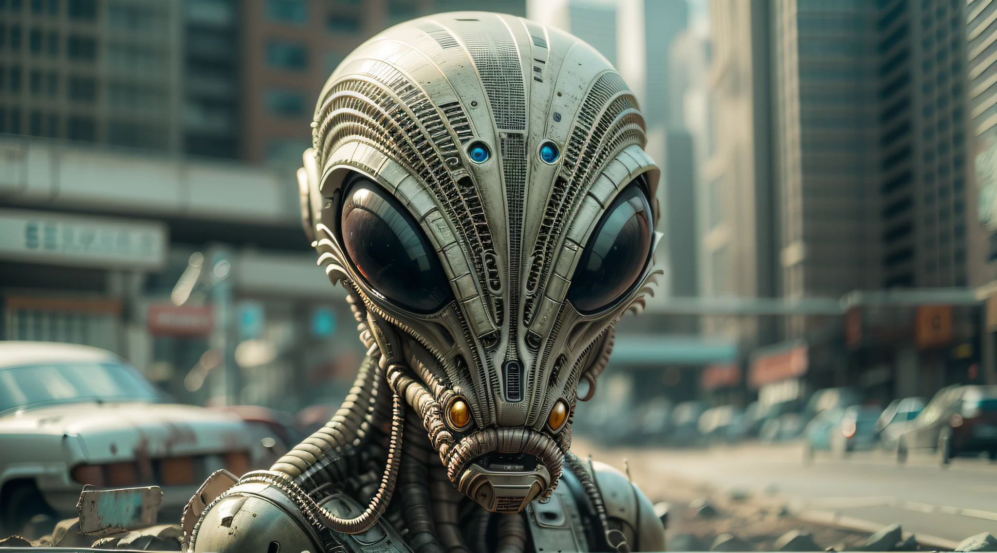 Aliens in a post-apocalyptic cityscape.Alien close-up