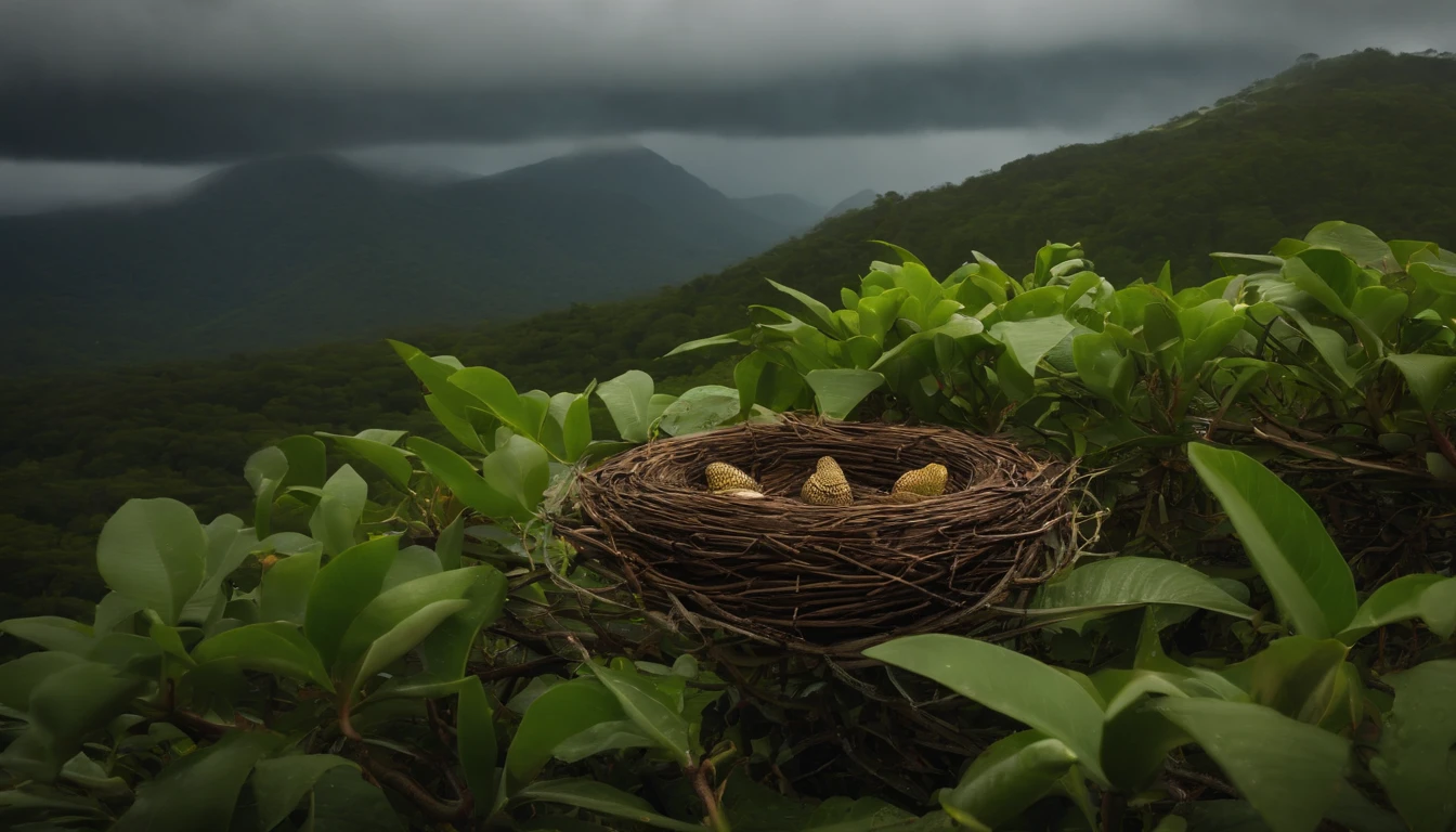 An image with the overcast sky still its first drops of rain on a mountainous cachoera with only a nest of birds with their young as vegetation. Imagem em 4K.