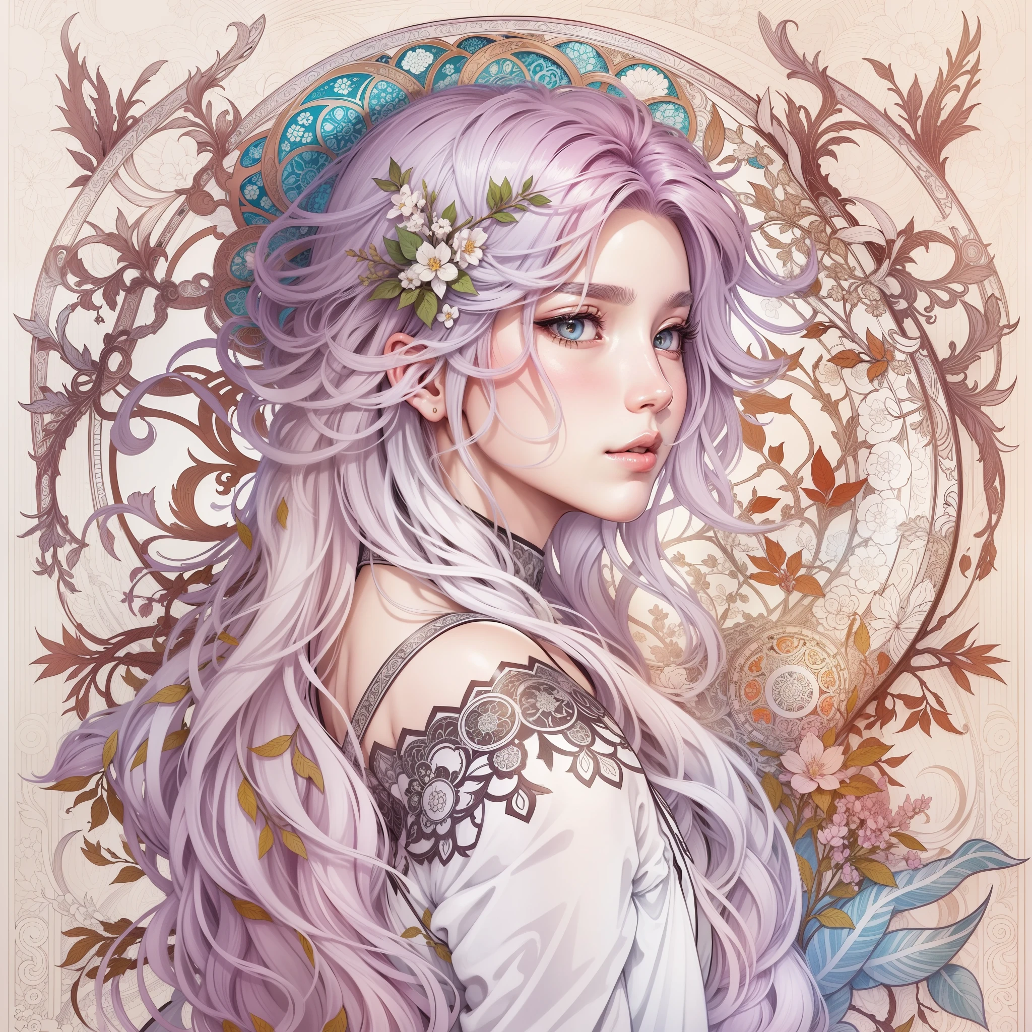 Genshin, bright hair, Book page coloring art, white backgrounid, line-drawing, coloring book, clean line drawings, Mandalas for coloring with natural ornaments, Simple and clean lineart, Coloring book page, Decorated in Art Nouveau style, With a touch of brush by Alphonse Mucha, perfect detail, Real.