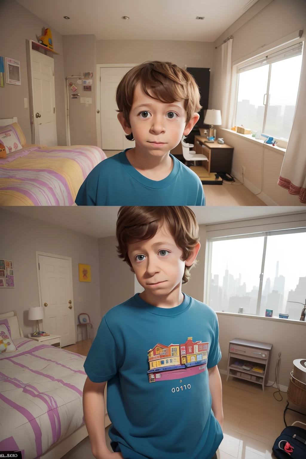 Year: 2012. Location: North River Heights, Manhattan. -yeld boith ((((treacher collins syndrome)))), playing in his colorful bedroom, ((2010s casual clothes)) ((2010s hairstyle)) ((in the style of "Only Murders In The Building")) ((cinematic style))