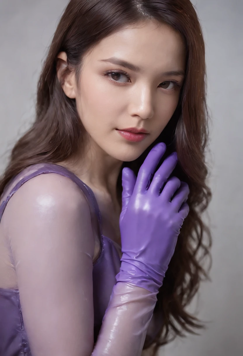 Meilin from Advanced Metal Gear Research Institute. Highly realistic. rubber glove、Purple rubber gloves、Purple cooking gloves、Long gloves、Glossy gloves、Glossy apron、Gripping the、Getting wet with white liquid、cum shots、Purple rubber mask