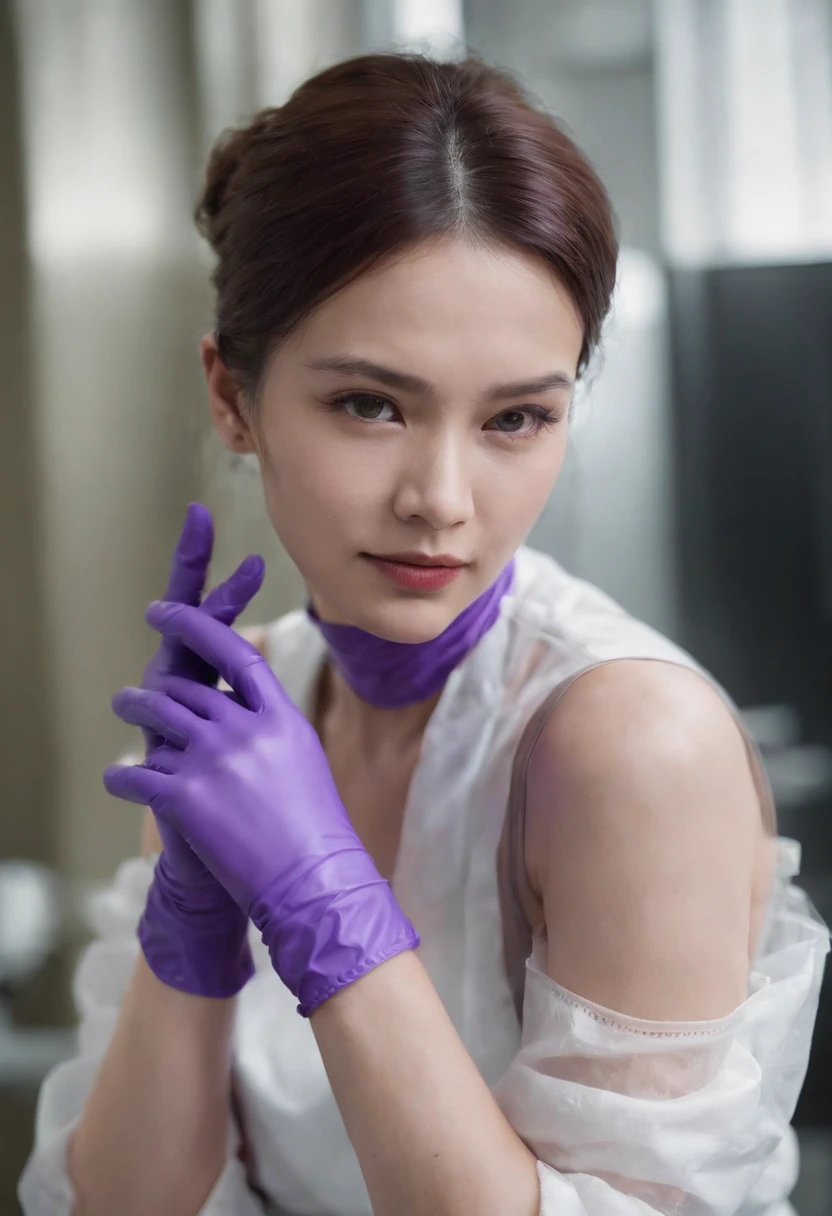 Meilin from Advanced Metal Gear Research Institute. Highly realistic. rubber glove、Purple rubber gloves、Purple cooking gloves、Long gloves、Glossy gloves、Glossy apron、Gripping the、Getting wet with white liquid、cum shots、Purple rubber mask