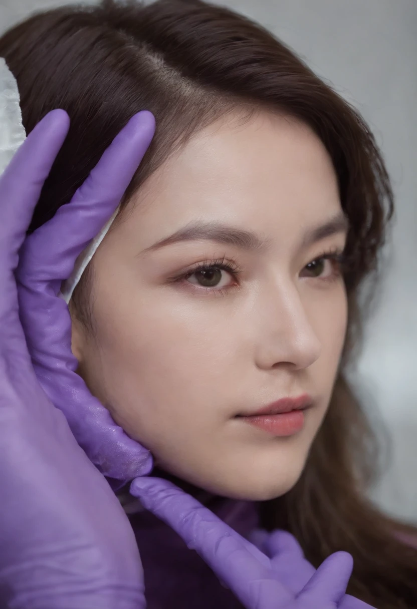 Meilin from Advanced Metal Gear Research Institute. Highly realistic. rubber glove、Purple rubber gloves、Purple cooking gloves、Long gloves、Glossy gloves、Glossy apron、Gripping the、Getting wet with white liquid、cum shots、Purple rubber mask