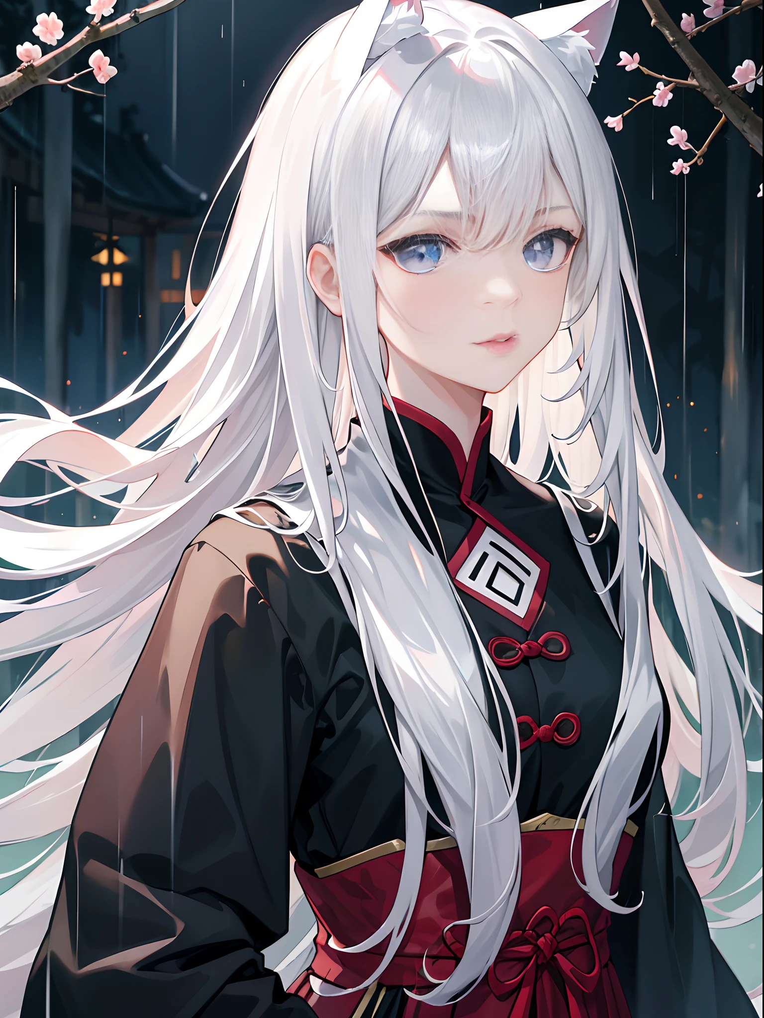 Masterpiece, Super Class, Night, Outdoor, Rainy Day, Branches, Chinese Style, Ancient China, 1 girl, young girl, Silver-White Long-Haired Woman, Gray-Blue Eyes, Pale Pink Lips, Indifference, Seriousness, Bangs, Assassin, Sword, White Clothes, Blood, Blood, Violence, Death, Injury, Blood, Facial Bloodstain, Facial Details, Facial Details, cat ears