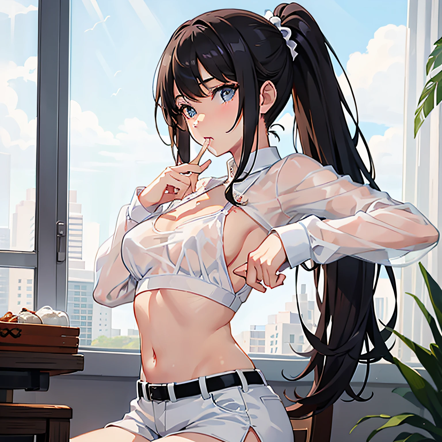 tmasterpiece：1.2，best qualtiy），（Fine beautiful eyes：1.2），A girl with a brown ponytail，greene eyes，，only 1girl，20yr old，Close up，the breasts are large，see-through shirts，no shorts，no pant，pantiess，upper legs，Black hair，Dominant，Lick the thick wooden stick，A lot of milk squirts out of the mouth，It's all milk，The clothes are wet