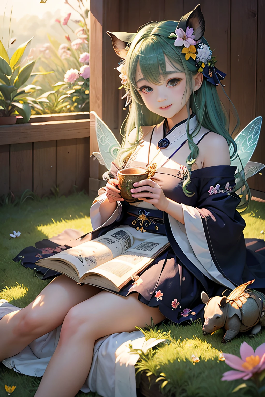 (masterpiece,high-level image quality,hightquality)、(Flower Fairy)、(Seeing with the Eyes of the Spirit、Seeing with Spiritual Sight)、夏天、grass field、insects、clouds、suns、femele、年轻、kawaii、Smile、Nature Spirits、rhinoceros beetle、Ants、butterflys々、Fairies working under angels