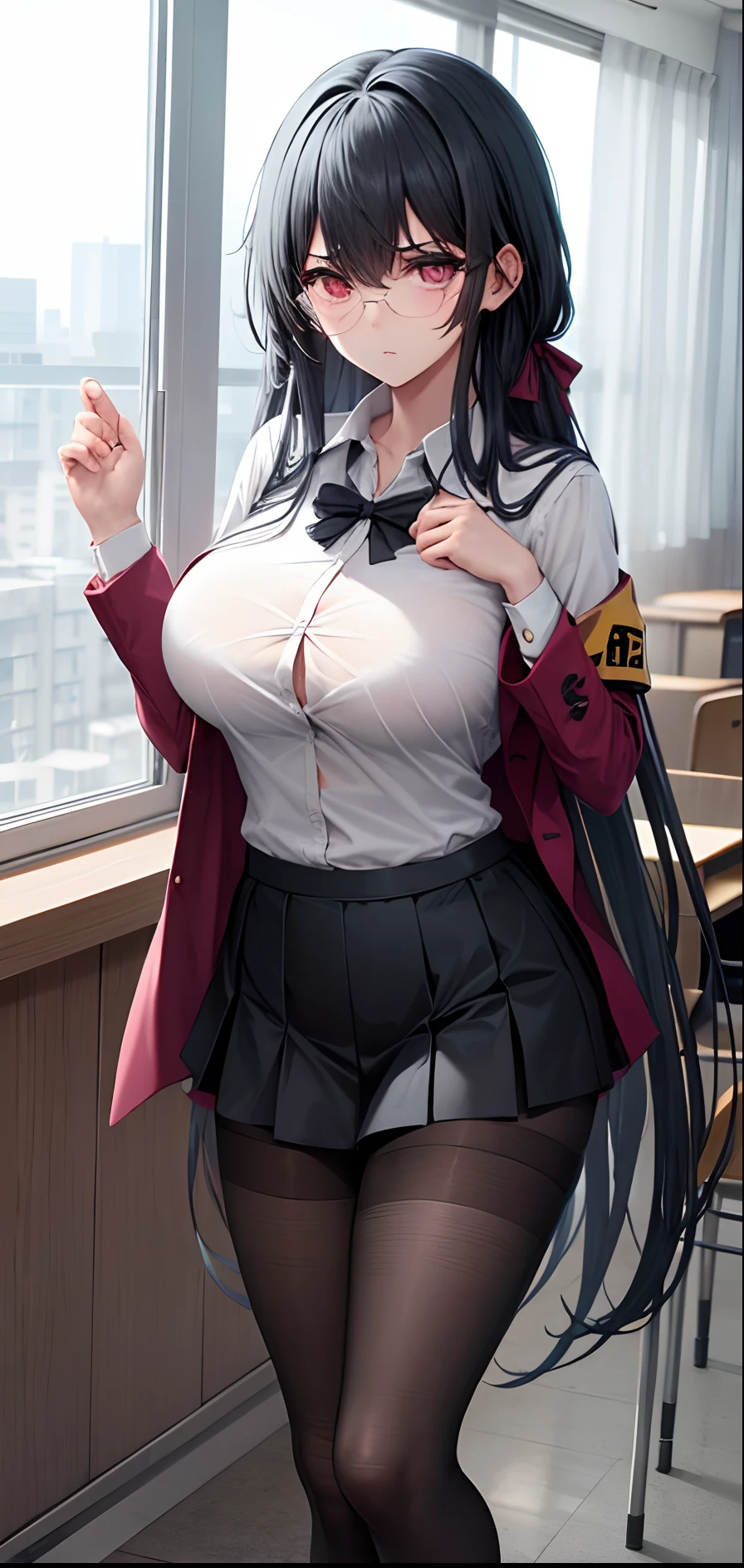 1girl,huge breasts, pantyhose, very long hair,open jacket,white shirt, closed shirt,skirt, standing, sadistic and psycho expression, no mercy, annoyed, disgusted, pink eyes, classroom, window, modelling,