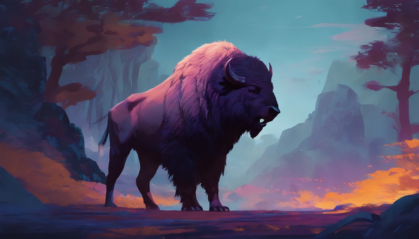 Fantasy World Saber-toothed Bison,Emits blue-violet light,Glow effects,the night,中景 the scene is,Full body like, highly detailed surreal vfx,oc rendered,Shoot with 70 mm - AR