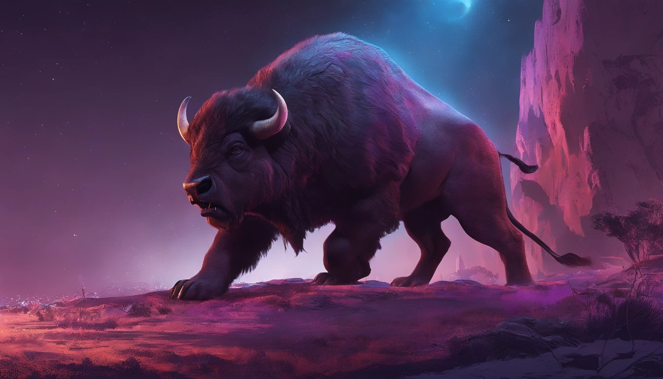 The saber-toothed bison of the fantasy world and the saber-toothed lion of the fantasy world in battle,Emits blue-violet,Effets de lueur,La nuit,-la-ndre,Corps entier comme, Highly detailed surreal VFX,OC,Mor
