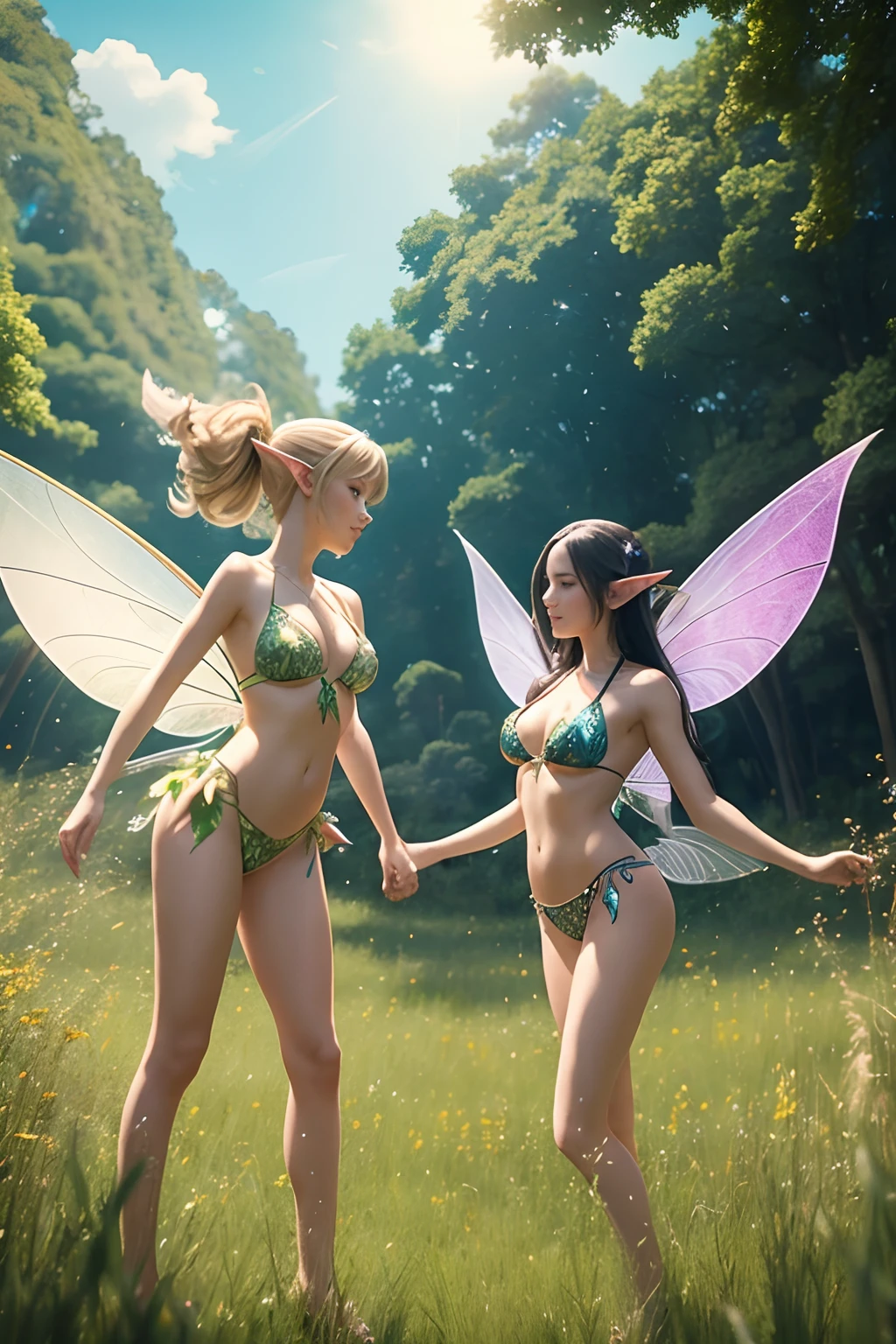 Two beautiful sexy fairies with pointed ears and elaborate wings wearing bikinis made of leaves, playing in a meadow, suspended in the air, surrounded by long grass.