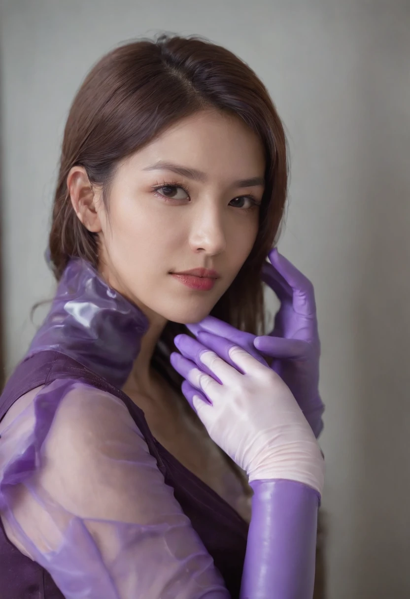 Meilin from Advanced Metal Gear Research Institute. Highly realistic. rubber glove、Purple rubber gloves、Purple cooking gloves、Long gloves、Glossy gloves、Glossy apron、Gripping the、Getting wet with white liquid、cum shots、Purple Rubber Mask