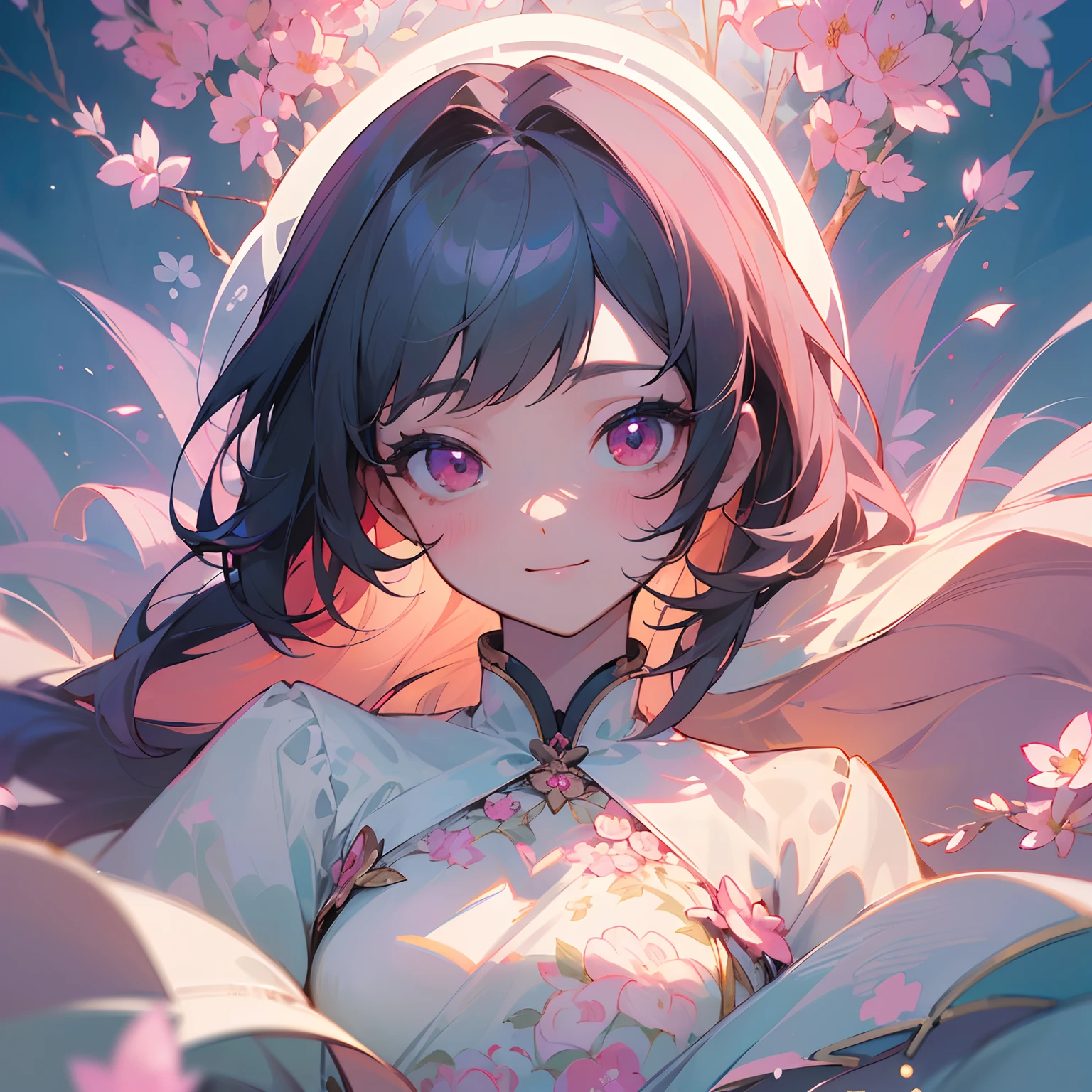 ((masterpiece)),((top-quality)),((The ultra-detailliert)),(illustratio),(Delicate and beautiful),(dynamic ungle),1 cute girl,florals、、length hair、A detailed face、Pink eyes、((((A slight smil))))