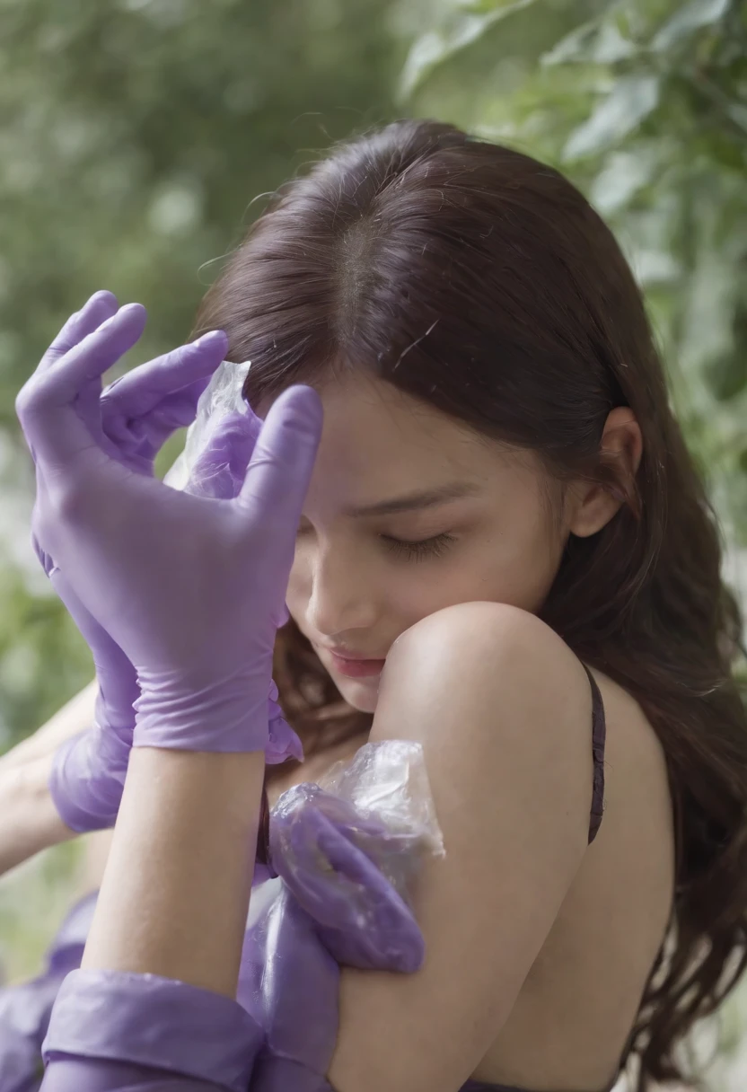 Meilin from Advanced Metal Gear Research Institute. Highly realistic. rubber glove、Purple rubber gloves、Purple cooking gloves、Long gloves、Glossy gloves、Glossy apron、Gripping the、Getting wet with white liquid、cum shots、Purple Rubber Mask