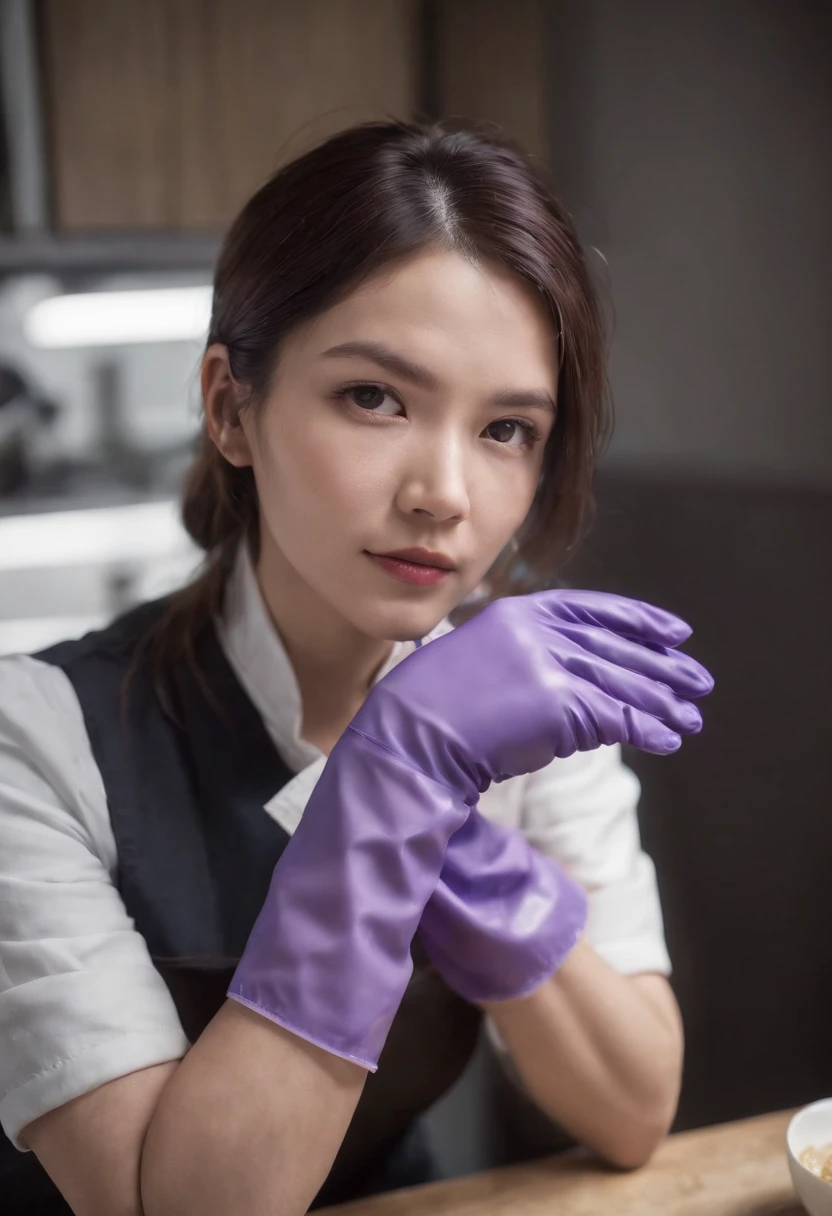 Meilin from Advanced Metal Gear Research Institute. Highly realistic. rubber glove、Purple rubber gloves、Purple cooking gloves、Long gloves、Glossy gloves、Glossy apron、Gripping the、Getting wet with white liquid、cum shots、Purple Rubber Mask