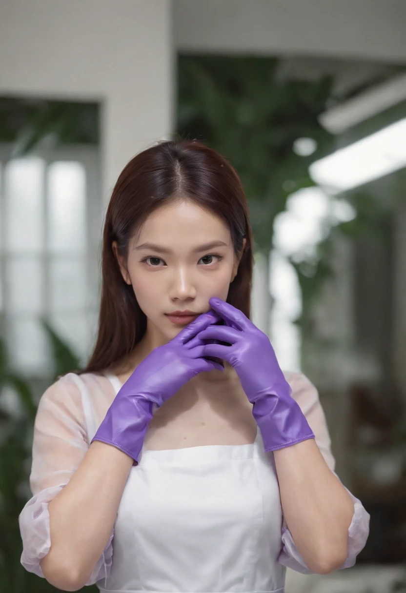 Meilin from Advanced Metal Gear Research Institute. Highly realistic. rubber glove、Purple rubber gloves、Purple cooking gloves、Long gloves、Glossy gloves、Glossy apron、Gripping the、Getting wet with white liquid、cum shots、Purple Rubber Mask