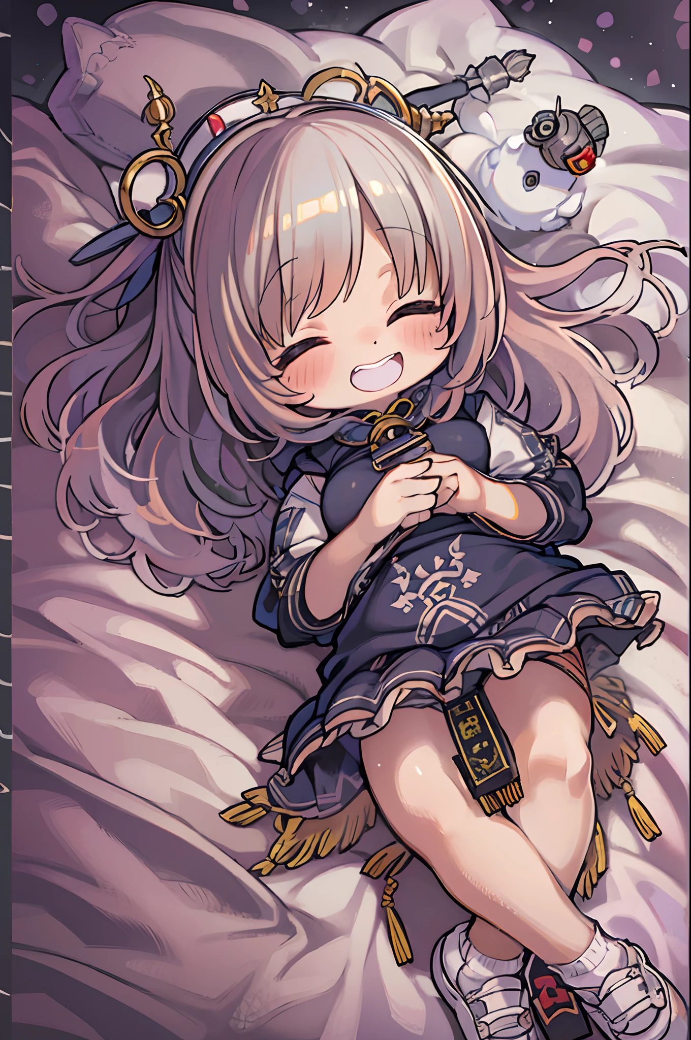 masutepiece, Best Quality, 1 girl, Solo, effect, Dark background, Sleeping in bed with a happy face,chibi