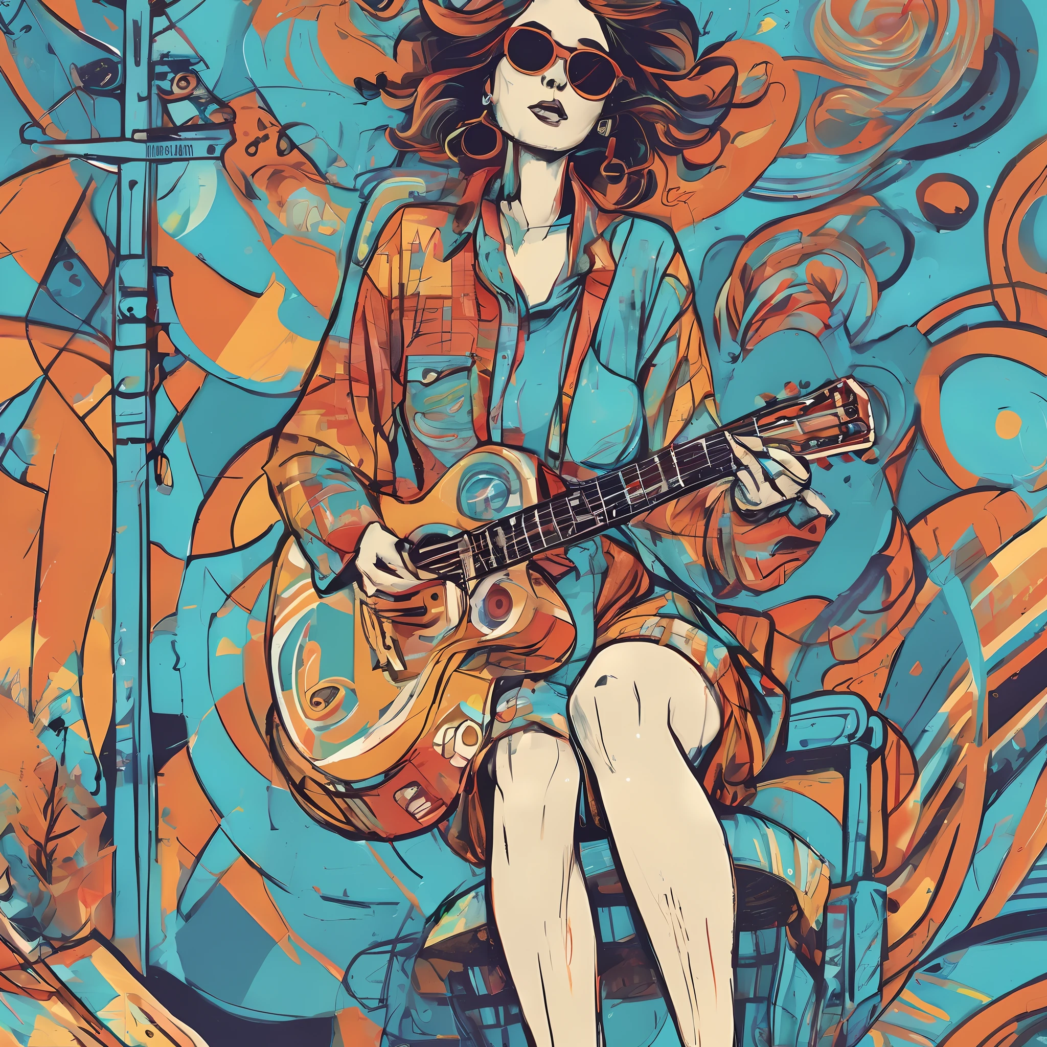 Painting of a woman with a guitar sitting in a chair, in illustration style digital, Jen Bartel, arte do Adobe Illustrator, illustration style, Em Estilo de Laurie Greasley, arte vetorial, menina do rock sonhadora, inspirado em Tim Doyle, extremely high quality artwork, arte vetorial altamente detalhada, estilo de arte vetorial, psychedelic concert poster, poster illustration, mixed media style illustration