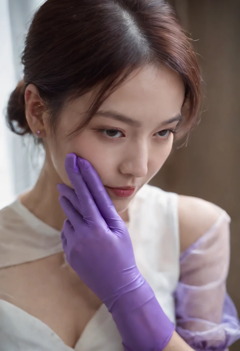 Meilin from Advanced Metal Gear Research Institute. Highly realistic. rubber glove、Purple rubber gloves、Purple cooking gloves、Long gloves、Glossy gloves、Glossy apron、Gripping the、Getting wet with white liquid、??? shots、Wear a mask