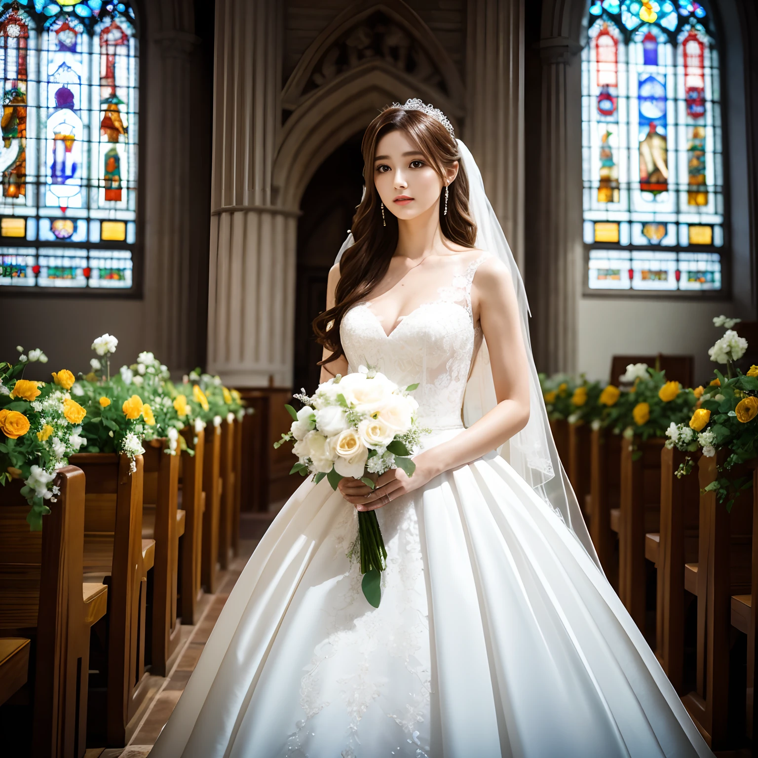 1 Girl, masterpiece, high resolution, Sonic edges_Lias_Grey Mory, ((wedding dress, church, wedding面纱, wedding, bouquet))