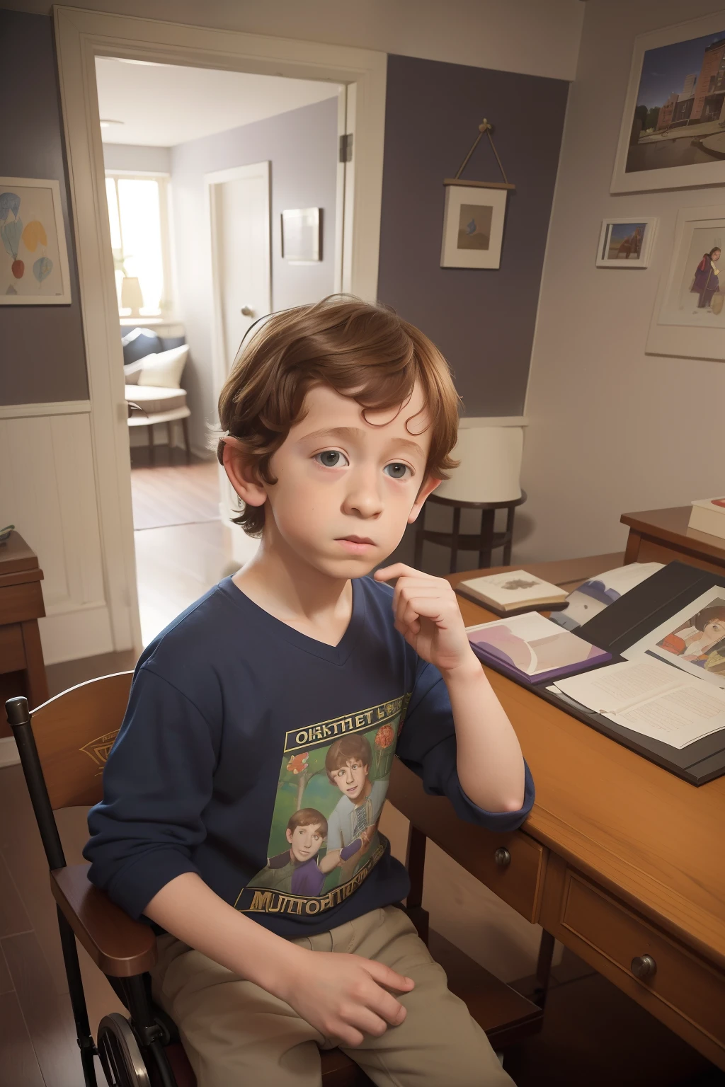 Year: 2012. Location: North River Heights, Manhattan. pre-raphaelite scene with a -yeld boith ((((treacher collins syndrome)))), playing in his colorful bedroom, ((2010s casual clothes)) ((2010s hairstyle)) ((in the style of "Only Murders In The Building")) ((cinematic style))