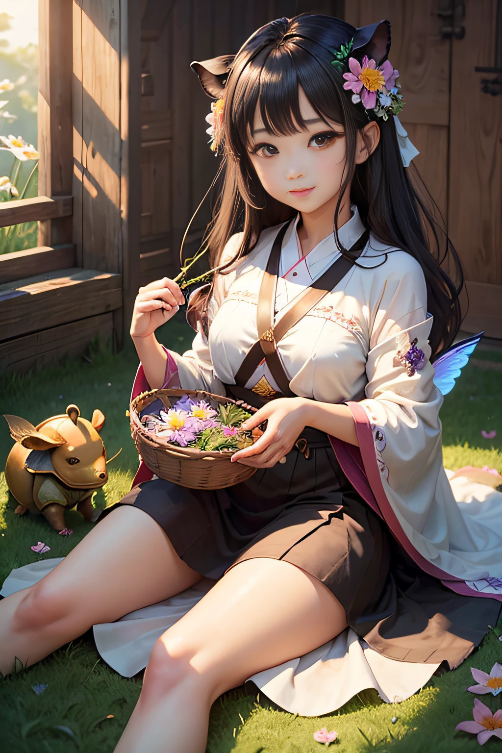 (masterpiece,high-level image quality,hightquality)、(Flower Fairy)、(Seeing with the Eyes of the Spirit、Seeing with Spiritual Sight)、夏天、grass field、insects、clouds、suns、femele、年轻、kawaii、Smile、Nature Spirits、rhinoceros beetle、Ants、butterflys々、Fairies working under angels