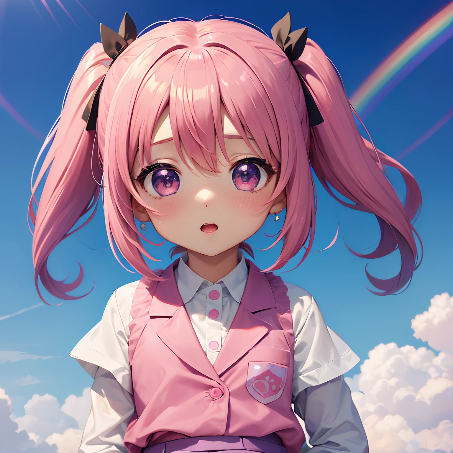 Cute Chibi Anime Girl, Chibi Chara、Solo, Bright rainbow sky background, Beautiful pink twin tails, The description of Chibi Anime Kindergarten Kids 5 Year Old Cute Girl App、, Dark blue blazer、Uniform with pink skirt、Full body,, Highly detailed face and eyes, Clearly outlined、gazing at viewer、Insanely funny face、Insanely surprised and funny face