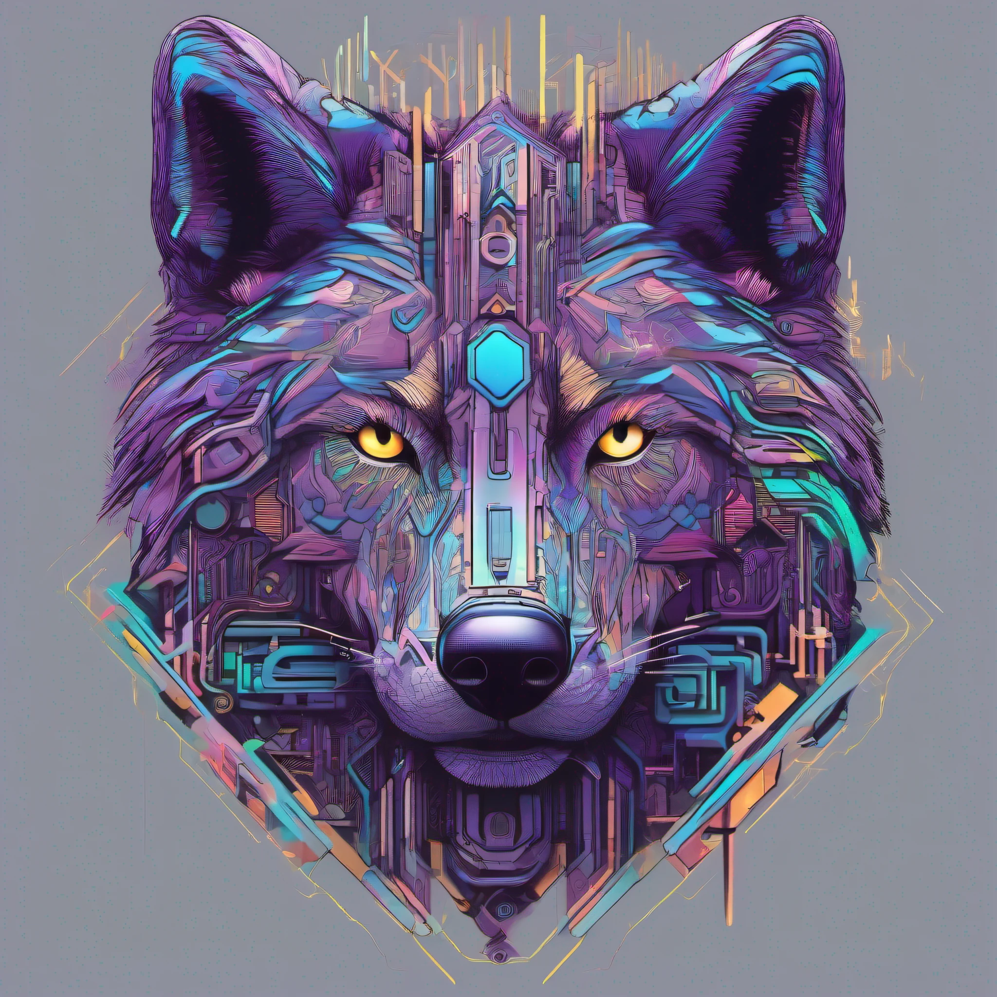 cyberpunk aesthetic:0.9, (wolf face)1.4, neon outlines, circuitry patterns:1.2 intertwining with fur, glowing eyes:1.3 projecting digital data streams, chrome and metallic accents, half-machine half-organic:1.1, vivid color palette of (neon blues, purples, and cyans)1.3, dark background contrast, dynamic angular lines, futuristic typography, visual illusion of the wolf face emerging from digital matrix, high contrast, sleek and edgy design fit for t-shirt print.