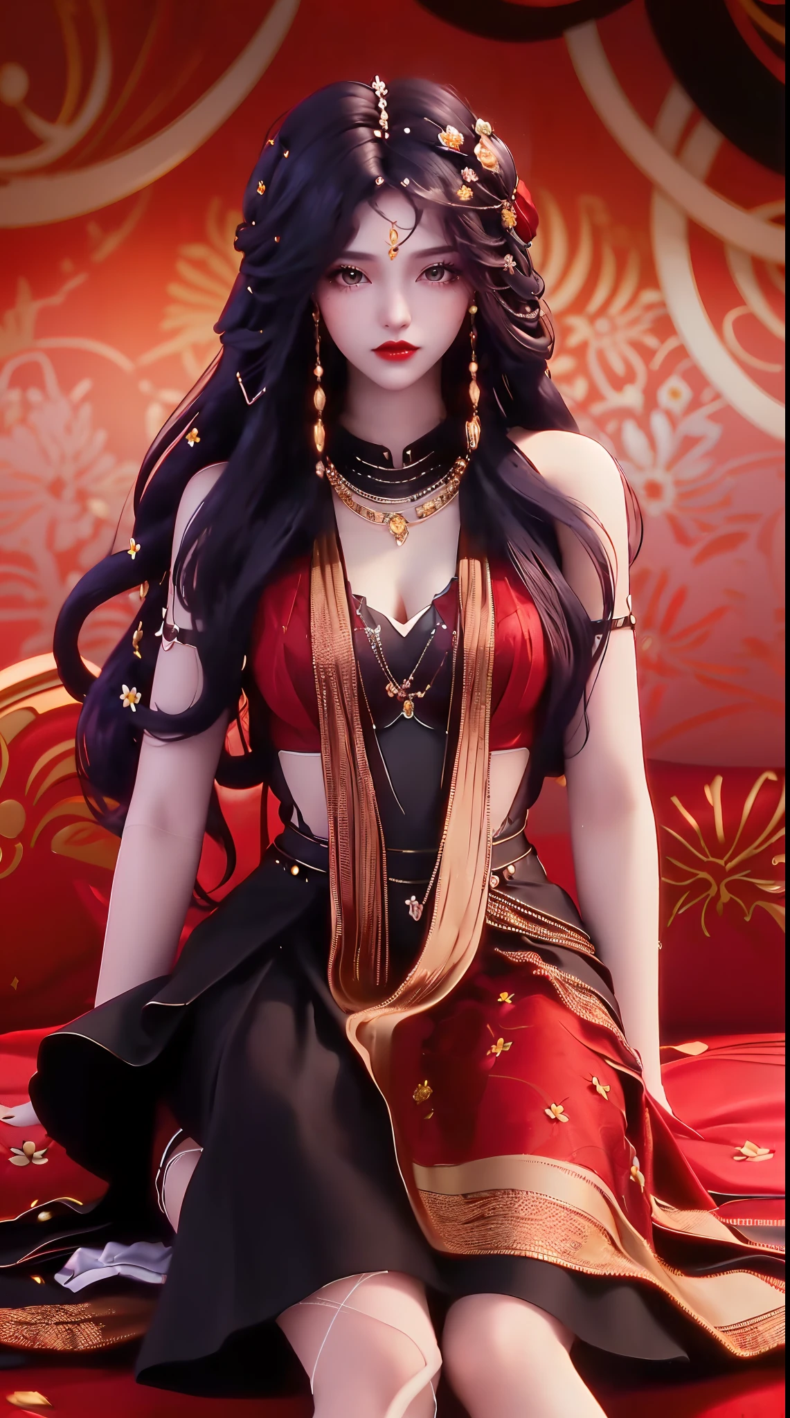 1 beautiful and sexy 20 year old girl, ((wearing a super thin red dress:1.6)), a dress with diamonds, ((long black purple hair:1.6)), bangs, jewelry elaborately made from precious stones and beautiful hair, ((wearing a black lace necklace:1.4))), the noble, noble style of an extremely beautiful girl, her small face is super cute, her face is very pretty, thin eyebrows, flawless beautiful face, ((black eye pupils: 0.8)), very beautiful eyes, ((black eyes: 1.6)), nice makeup and hair detailed eyelashes, steamy eye makeup, high nose, earrings, red lips, ((closed mouth: 1;5 )) beautiful lips, slim hands, most beautiful thighs, ((arms spread out to the sides: 1.5) ), rosy face, clean face, flawless beautiful face, smooth white skin, (big breasts: 1.5)), ((high breasts: 1.6) ), tight breasts, beautiful cleavage, (((big breasts and super round: 1.8))), ((super tight breasts: 1.7)) , beautiful breasts, perfect body, back arms, chest out, thin black mesh stockings with black lace trim, (((sitting position, lean back and lean your arms behind you:1.5))), ((chest up position: 1.5)), don't be shy, 8k photo, super high quality, super realistic, super 10x pixels, optical, bright studio, bright edges, dual-tone lighting, (high-detail skin:1.2), super 8k, soft lighting, high quality, volumetric lighting, photorealistic, photorealistic high resolution, lighting, best photo, 4k, 8k quality, blur effect, smooth sharp, 10 x pixel, ((red flower background:1.7)), aurora, lightning, super graphics realistic, most realistic graphics, alone, solo, Extremely sharp image, surreal, girl's upper body, (((frontal portrait: 1.6)))."