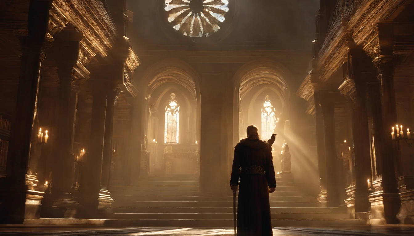 (best quality,4k,8k,highres,masterpiece:1.2),ultra-detailed,(realistic,photorealistic,photo-realistic:1.37),John's unwavering determination to unlock the secrets of the seals, revealing his relentless pursuit for knowledge amidst a world consumed by darkness. The scene is set in a vast ancient library, where towering bookshelves stretch into infinity, filled with arcane texts and forbidden tomes. Rays of ethereal light pierce through stained glass windows, casting an otherworldly glow upon the aged volumes.
John, dressed in tattered robes, stands at the center of the library, surrounded by ominous whispers. His gaze, filled with intense focus, is fixated upon an ancient seal placed atop a colossal stone pedestal. The seal, adorned with intricate symbols of ancient power, emanates an aura of immense energy.
As John deciphers the cryptic markings, his determination intensifies, as if his very existence depends on breaking the seal's enchantment. Every detail of his face showcases his unwavering resolve - his furrowed brows, sweat-drenched forehead, and the gleam of determination in his eyes.
Meanwhile, the Beast, an embodiment of pure evil, looms in the shadows, its monstrous form lurking just beyond the boundaries of light. Its wicked claws scrape against the stone floor, a sinister reminder of the imminent threat it poses to the world.
Suddenly, as John unravels the final mystery surrounding the seal, a surge of uncontrollable energy bursts forth, engulfing the entire library. The once dormant symbols erupt in a dazzling display of light and power, illuminating John's face with a triumphant radiance. The ancient knowledge he has unlocked resonates within him, empowering him to face the Beast head-on.
In the climactic moment, John unleashes a surge of pure light, forging a blinding sword in his hands. With a resounding battle cry, he charges towards the fearsome Beast, the clash of their forces shaking the very foundations of the library.
As their struggle int