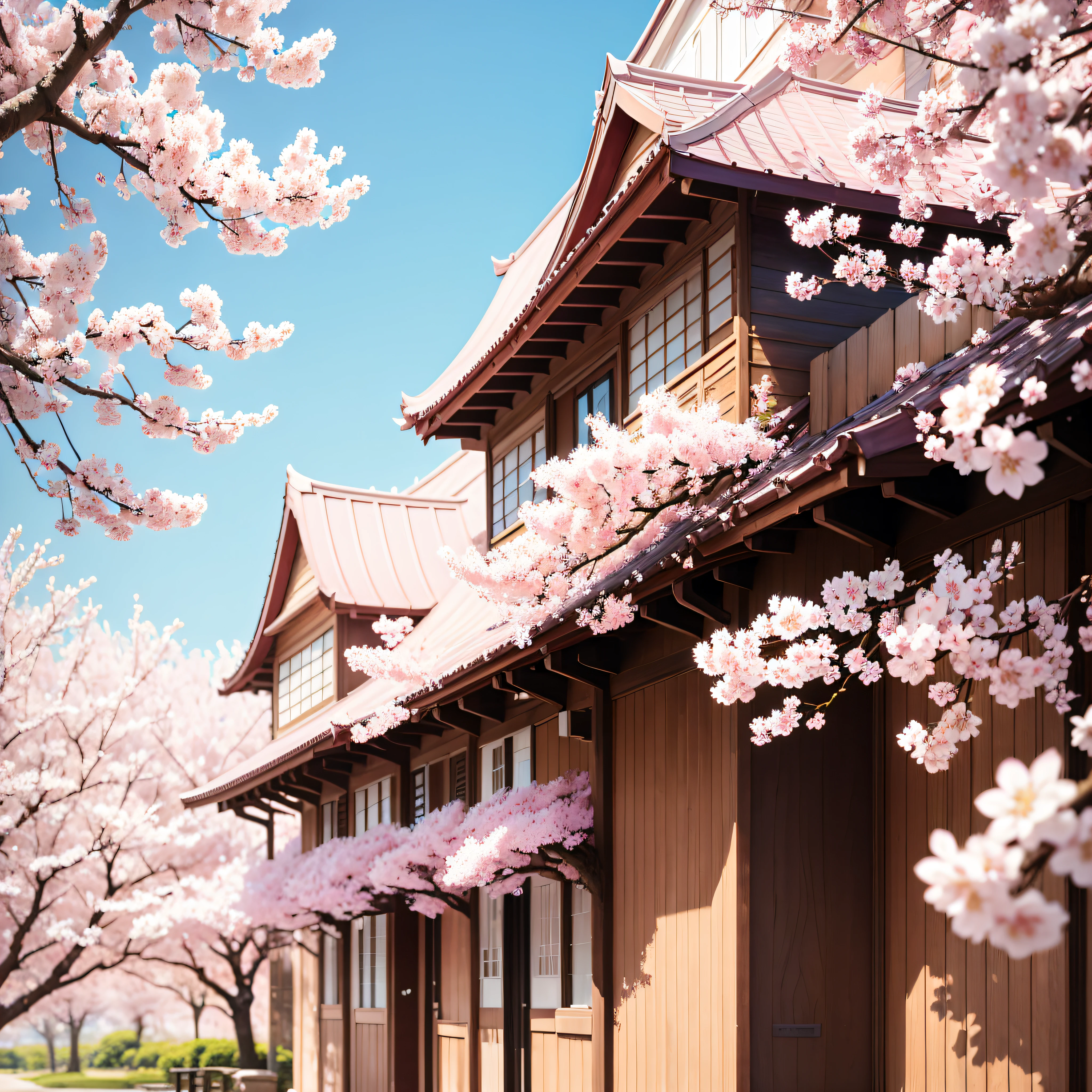 Cherry Blossom Trees in Bloom:
Stunning pink and white cherry blossoms in full bloom during spring.