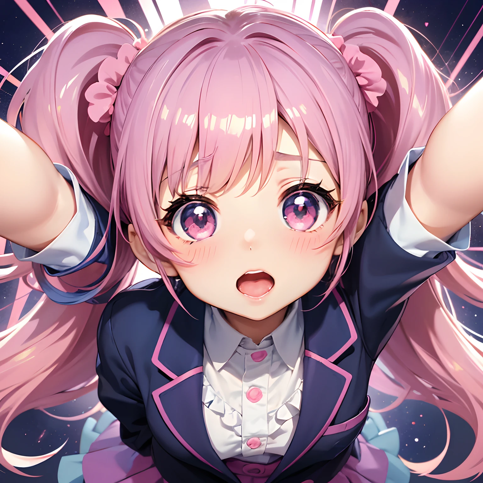 Cute Chibi Anime Girl, Chibi Chara、Solo, Bright rainbow sky background, Beautiful pink twin tails, The description of Chibi Anime ergarte Girl App、, Dark blue blazer、Uniform with pink skirt、Full body,, Highly detailed face and eyes, Clearly outlined、gazing at viewer、Insanely funny face、Insanely surprised and funny face