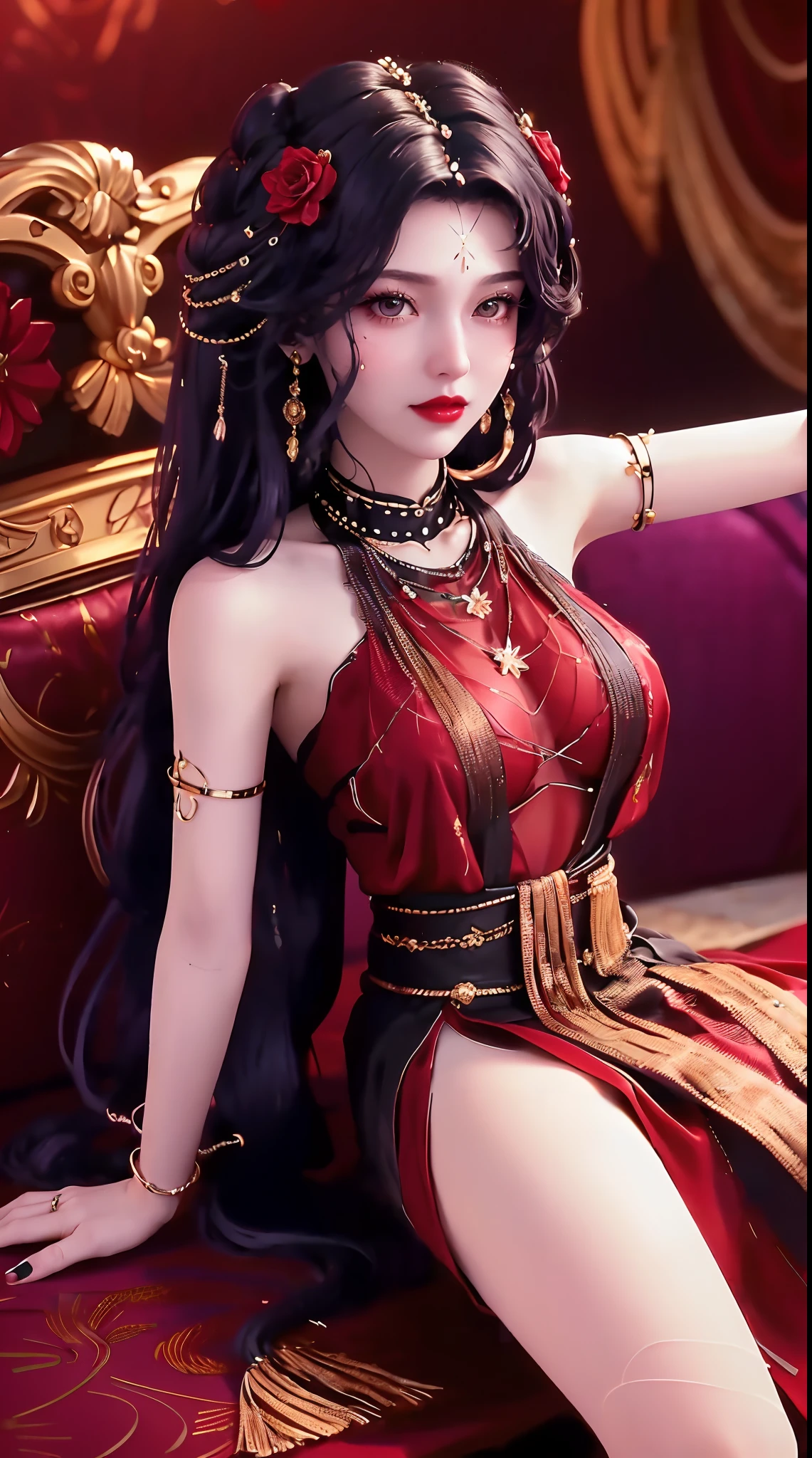 1 beautiful and sexy 20 year old girl, ((wearing a super thin red dress:1.6)), a dress with diamonds, ((long black purple hair:1.6)), bangs, jewelry elaborately made from precious stones and beautiful hair, ((wearing a black lace necklace:1.4))), the noble, noble style of an extremely beautiful girl, her small face is super cute, her face is very pretty, thin eyebrows, flawless beautiful face, ((black eye pupils: 0.8)), very beautiful eyes, ((black eyes: 1.6)), nice makeup and hair detailed eyelashes, steamy eye makeup, high nose, earrings, red lips, ((closed mouth: 1;5 )) beautiful lips, slim hands, most beautiful thighs, ((arms spread out to the sides: 1.5) ), rosy face, clean face, flawless beautiful face, smooth white skin, (big breasts: 1.5)), ((high breasts: 1.6) ), tight breasts, beautiful cleavage, (((big breasts and super round: 1.8))), ((super tight breasts: 1.7)) , beautiful breasts, perfect body, back arms, chest out, thin black mesh stockings with black lace trim, (((sitting position, lean back and lean your arms behind you:1.5))), ((chest up position: 1.5)), don't be shy, 8k photo, super high quality, super realistic, super 10x pixels, optical, bright studio, bright edges, dual-tone lighting, (high-detail skin:1.2), super 8k, soft lighting, high quality, volumetric lighting, photorealistic, photorealistic high resolution, lighting, best photo, 4k, 8k quality, blur effect, smooth sharp, 10 x pixel, ((red flower background:1.5)), aurora, lightning, super graphics realistic, most realistic graphics, alone, solo, Extremely sharp image, surreal, (((frontal portrait: 1.6)))."