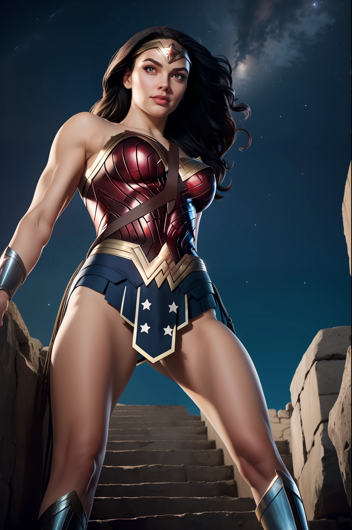 Wonder woman, Portrait photo by Altgarm, realism style, Glowing skin, Cartoon hero, Defined lips, Strong physical strength, Feminine body, Full body, viewer, Depth of field f/1.8, natta, ultra wide lens, ((Shooting from below)), (large udder:1.2), Ancient Greece, Stars in the night sky, stadium, Climb the stone steps,