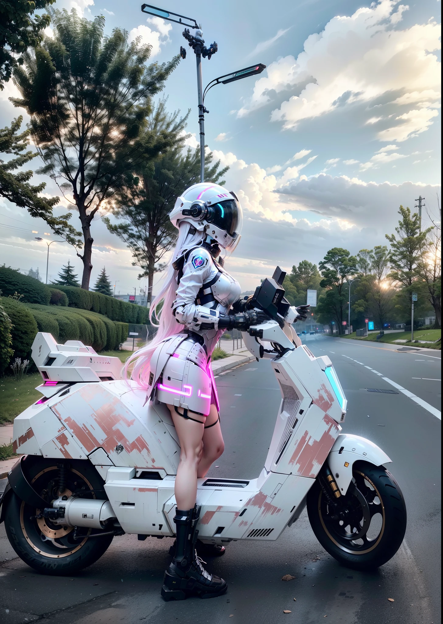 Cute cyberpunk female knight,Long flowing white hair,Black mech costume,Sophisticated white tech helmet,Nousr, Biomechanicals, MSHN Robot Woman,High-tech helmet,hyper realisitc, Steel, Complex design, insanely details, finely detailled, Extremely clear lines, cinmatic lighting, photograph realistic, A detailed masterpiece