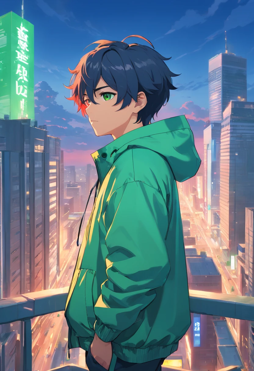 male people，green windbreaker，blue short hair，Green-red eyes，hands crossed，Stand on a tall building，Behind him stood a huge heavily armed bulbasaur，Bulbasaur glowed