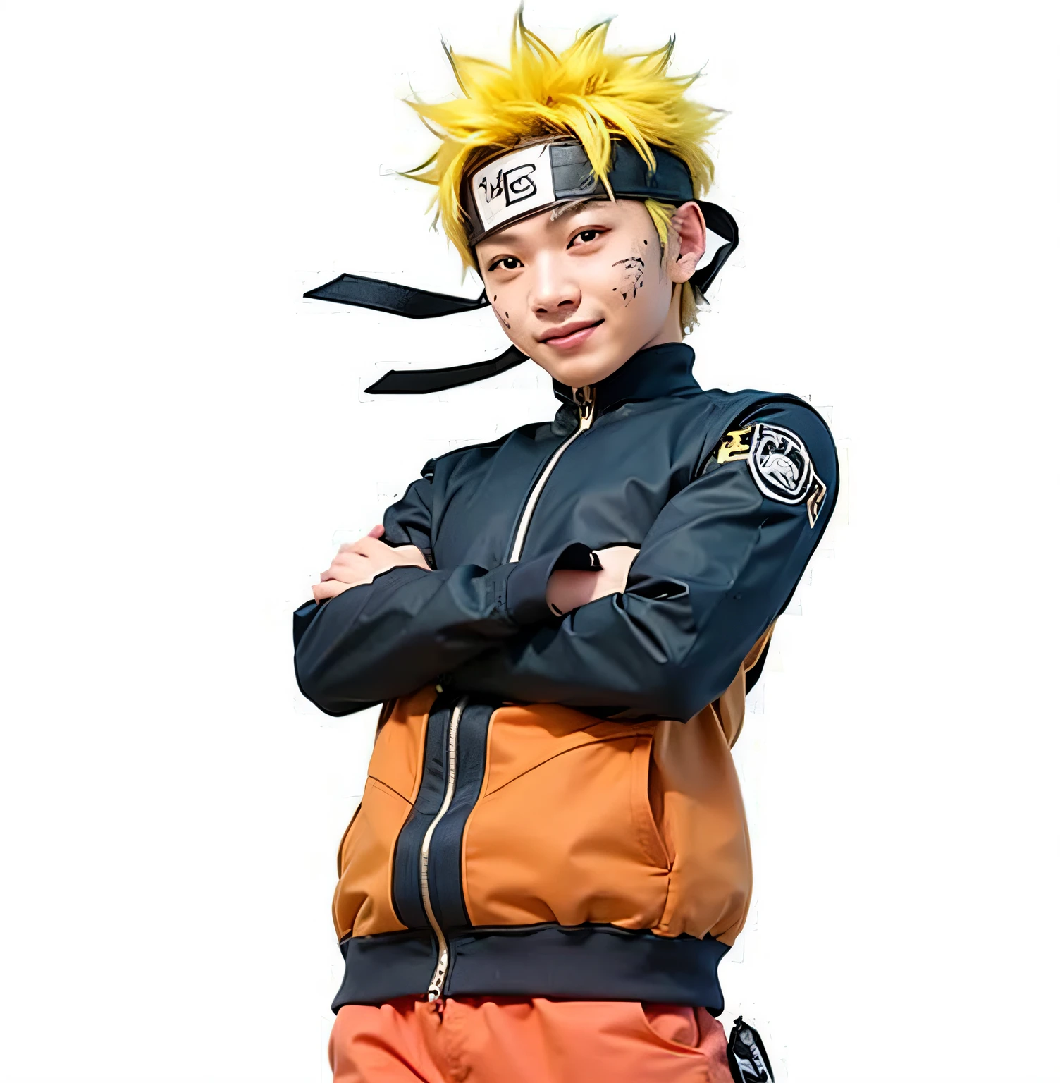 An asian  boy smiling with yellow hair and bright blue eyes, ultra realistic, high quality, detailed face