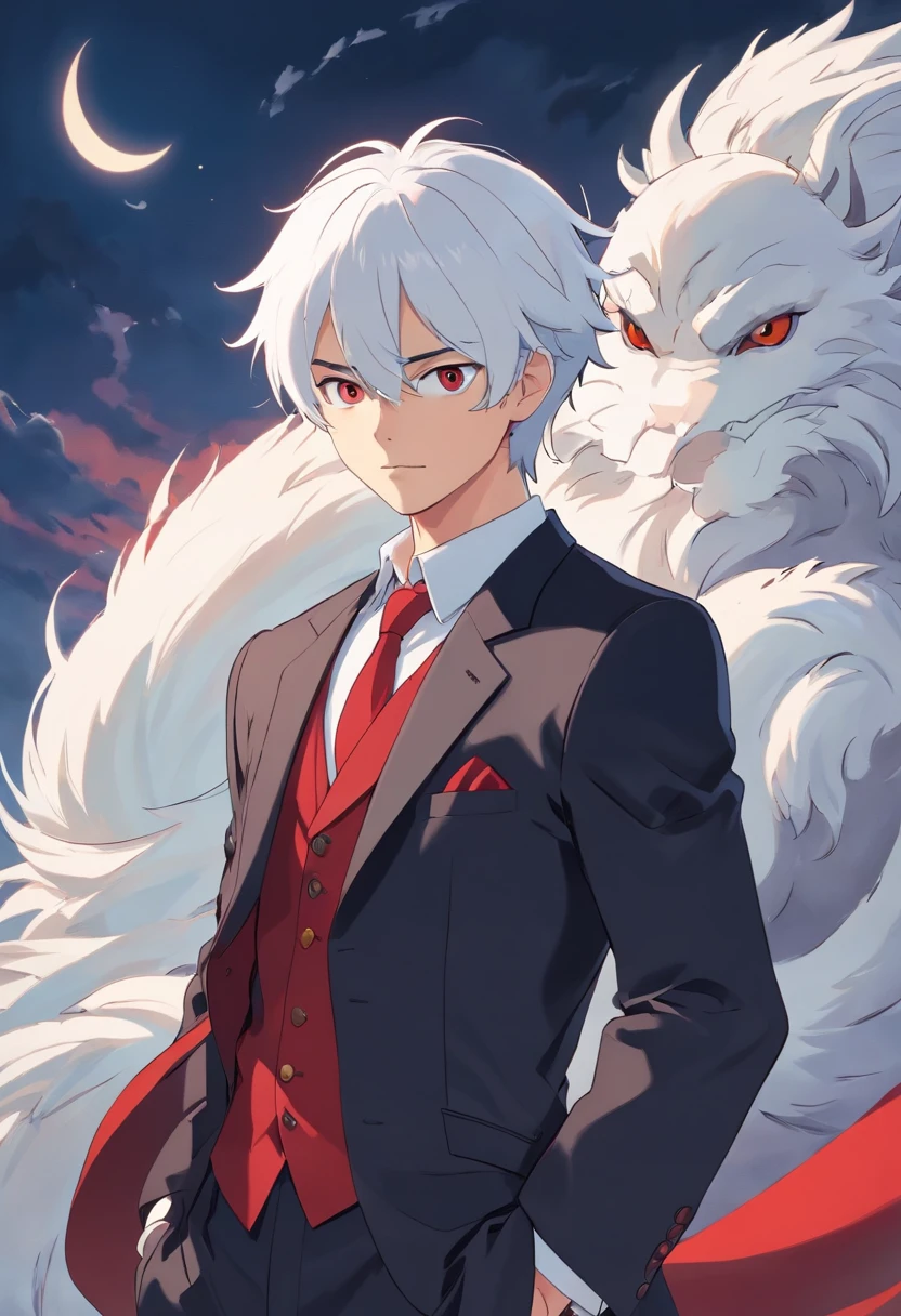young male,Black and red suit,Cold white skin,whaite hair,magister