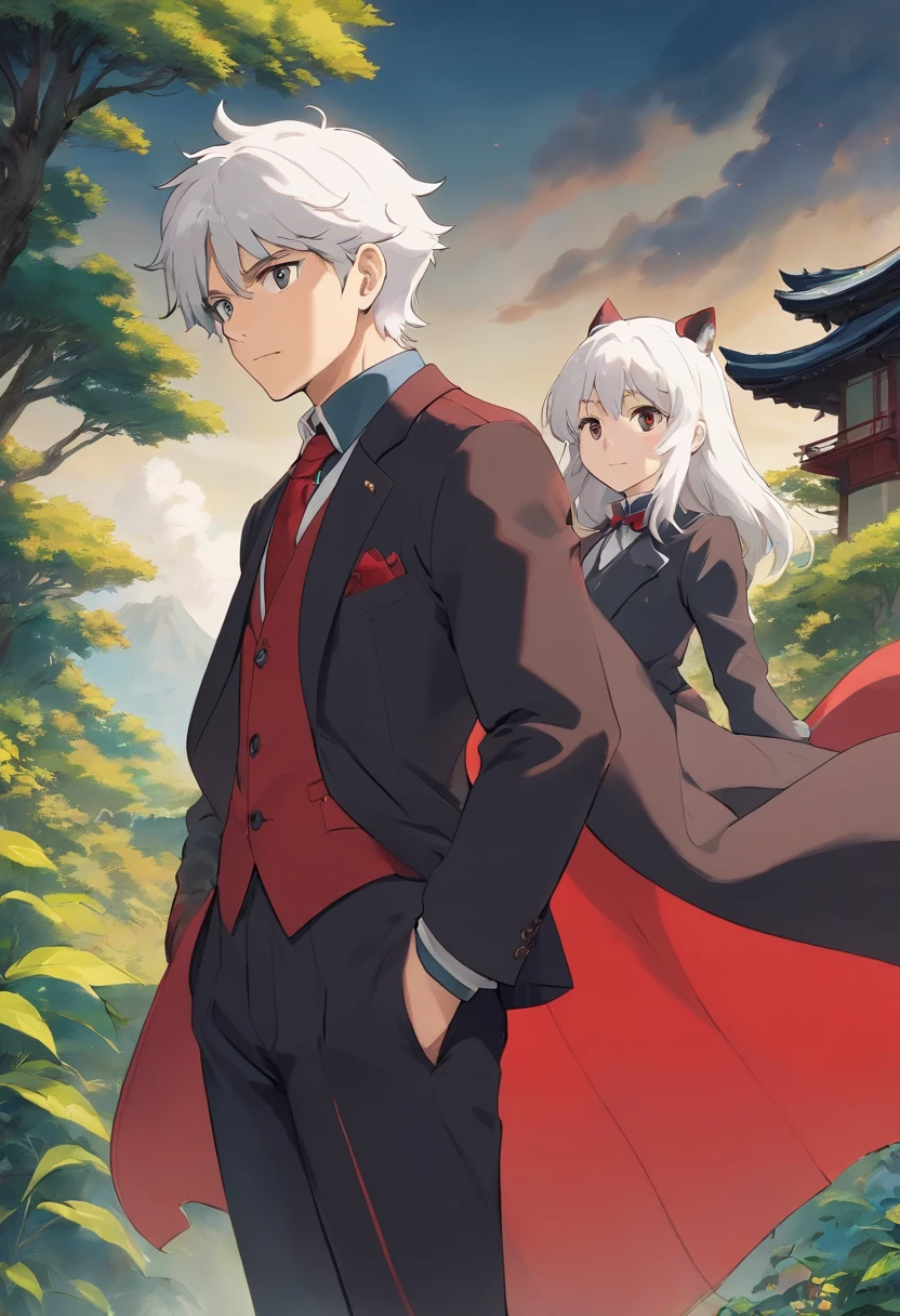 young male,Black and red suit,Cold white skin,whaite hair,magister