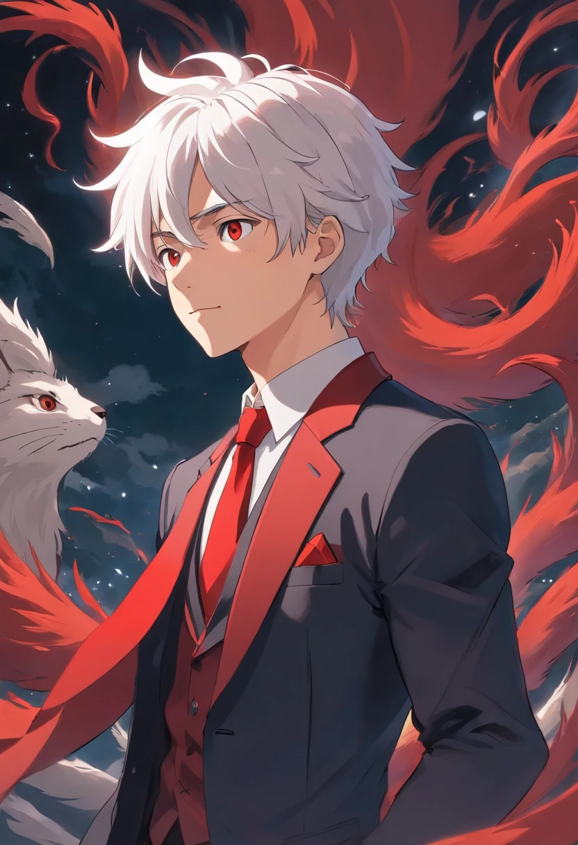 young male,Black and red suit,Cold white skin,whaite hair,magister