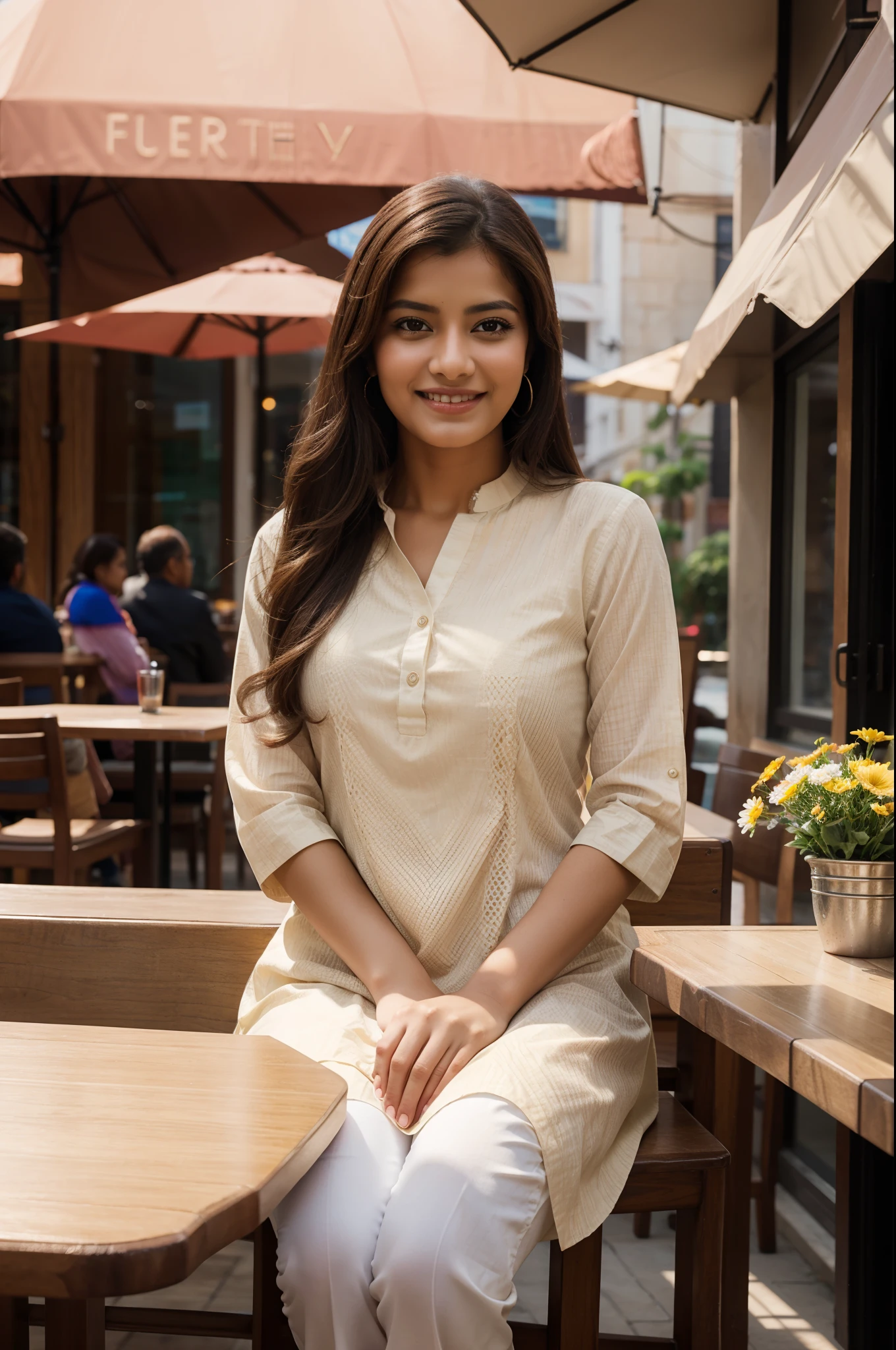 Clara sitting in a cafe, wearing kurta, depth of field, beautiful woman, smiling, hdr, 4k, 8k, realistic, bokeh, closeup portrait, sunny, side lighting, detailed