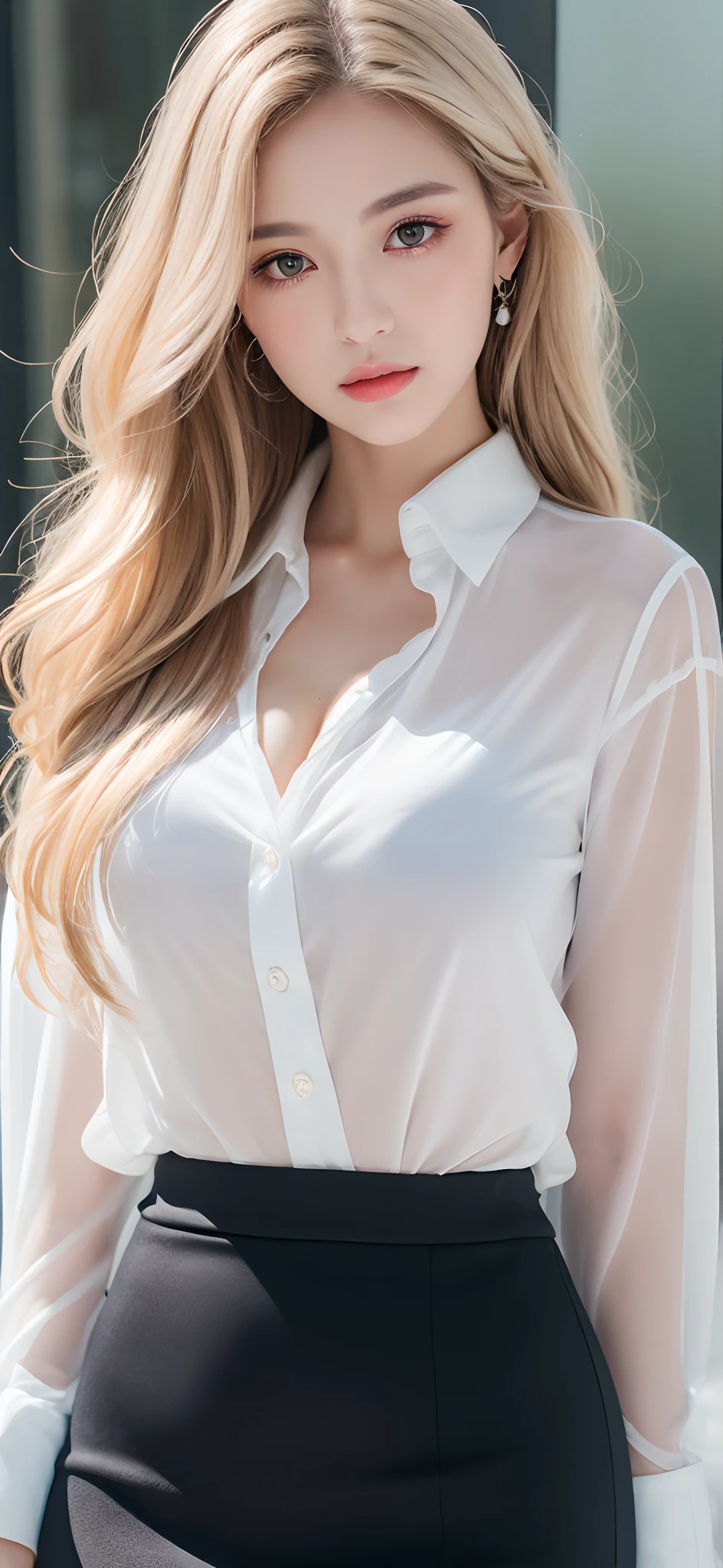 ((Best quality, 8k, Masterpiece :1.3)), Sharp focus :1.2, A pretty woman with perfect figure :1.4, Slender abs :1.3, Raw photography、超A high resolution, full body, fair white skin、shiny white skin、(wavy blonde hair)、dark brown hair、super fine eyes, super fine hand, super fine finger、Beautiful eyes with random colors、very thin lips, finely detail、elongated eyes、pale pink blush、long eyeslashes、Beautiful double eyelid、Lighting that emphasizes beautiful skin、Lustrous skin 2, ((Layered long hair, Big breasts :1.2)), Open shirt show , (detailed transparent clothing), (see throught bra),  ((detailed White tight shirt )), ((detailed face )), ((detailed tight short skirt), view city , luxury office :1.4, Highly detailed face and skin texture, Detailed eyes, Double eyelid