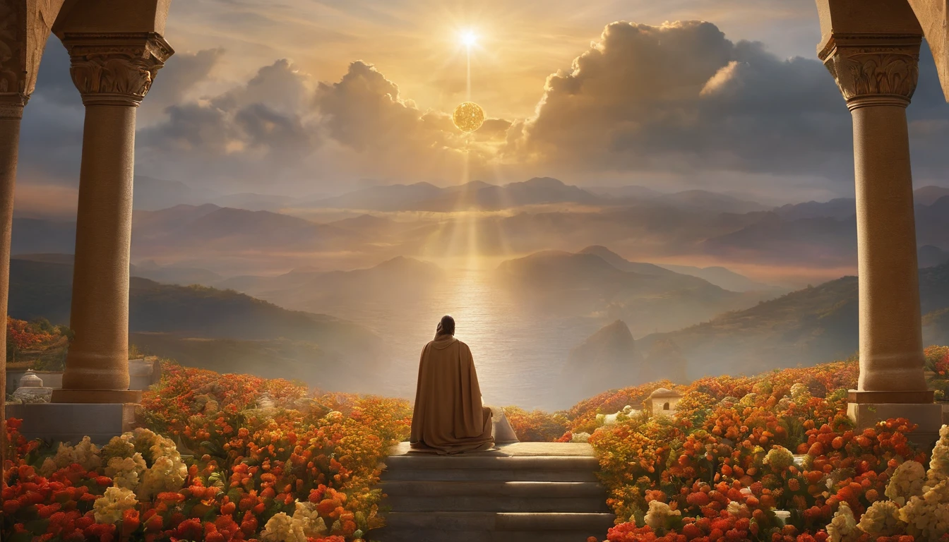 In this prompt, you need to generate a scene that depicts John contemplating the New Jerusalem and highlights the inspiring message this journey left for humanity, with visual details that convey hope and redemption. Here is a detailed prompt for this theme:
"A man named John stands in awe before the breathtaking sight of the New Jerusalem, a city that represents hope and redemption for humanity. His eyes filled with wonder and his face glowing with a sense of deep contemplation. The New Jerusalem is depicted with exquisite detail, showcasing its grandeur and heavenly beauty.
The New Jerusalem is made of pure gold, shining luminously in the ethereal light. The intricate architecture reflects the divine craftsmanship, featuring majestic spires, grand arches, and intricate ornaments. The city is surrounded by lush gardens filled with vibrant flowers and lush greenery, symbolizing the renewal and abundance it brings.
The sky above is bathed in warm, golden hues, casting a serene and peaceful atmosphere. Rays of light illuminate the scene, creating a heavenly glow that envelops the entire city. The light streams through the clouds, forming a magnificent display of colors, representing the hope and promise that the New Jerusalem holds.
John is dressed in humble attire, representing the humanity that he represents. His eyes are beautifully detailed, reflecting his emotions and the magnitude of the moment. His face exudes a sense of tranquility and spiritual awakening. As he contemplates, his lips slightly curve into a serene smile, revealing the inner peace and the inspiring message the journey has left in his heart.
The scene is captured using a mixture of photography and vivid colors, bringing the artwork to life. The image quality is of the highest standards, showcasing every intricate detail, from the golden city to the delicate petals of the flowers. The realism and photorealistic qualities in the artwork further enhance the emotional impact of the scene, immers