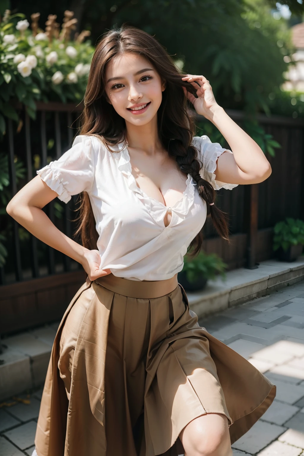 Masterpiece, Best quality, Realistic, Full-HD, 1 girl, Real girl, Long brown hair, Exercise, Braided hair, ribbon on hair, Golden eyes, Brown skin, medium boob, Happy face, Big smile, Open mouth, Traditional Mexican skirt, Pink Mexican skirt, Dynamic movements, White blouse, Short sleeves, Red high heels, dynamic dance pose, full bodyesbian, Perfect anatomy,Bigchest,cleavage