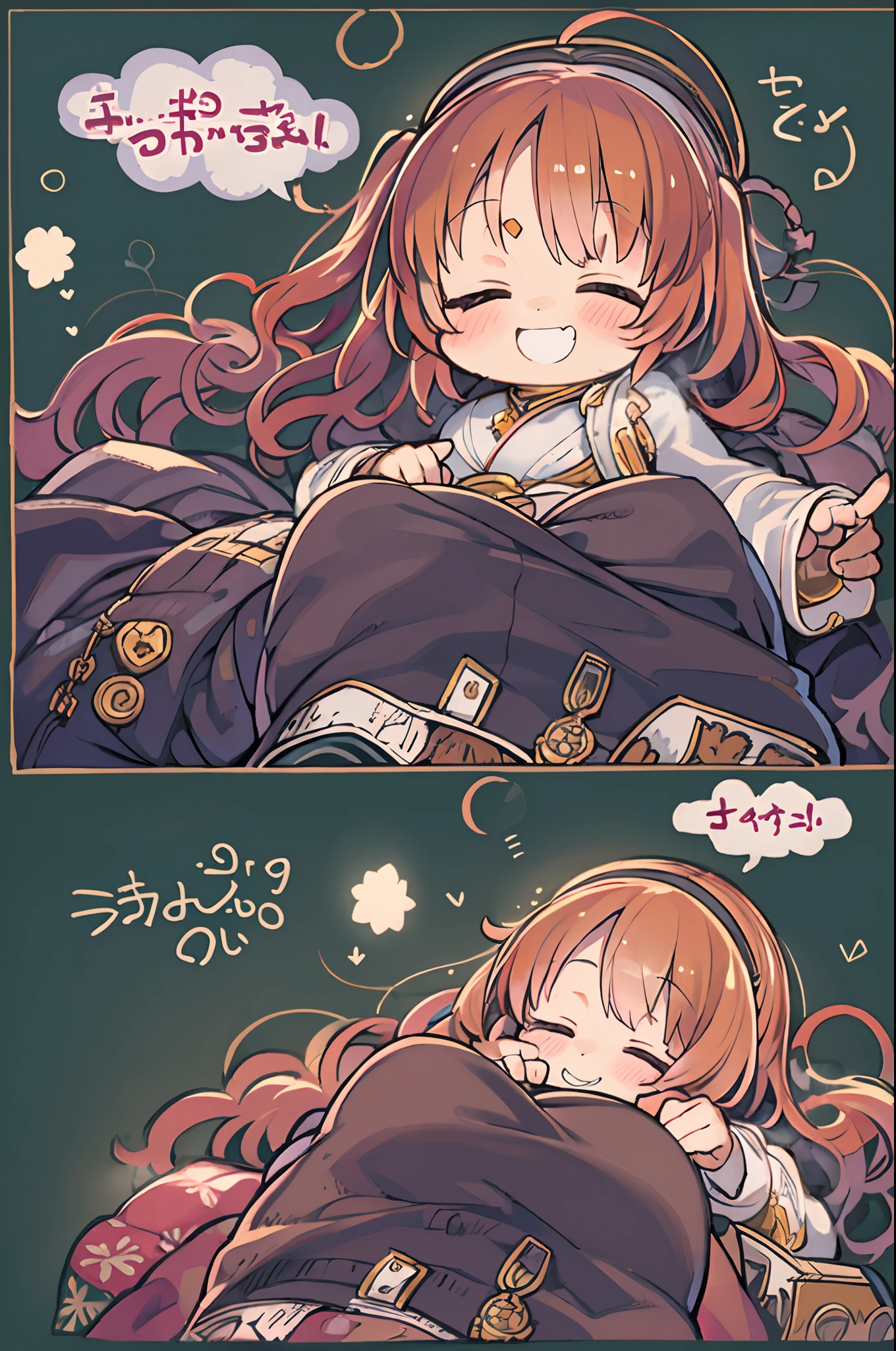masutepiece, Best Quality, 1 girl, Solo, effect, Dark background, Sleeping in bed with a happy face,Chibi