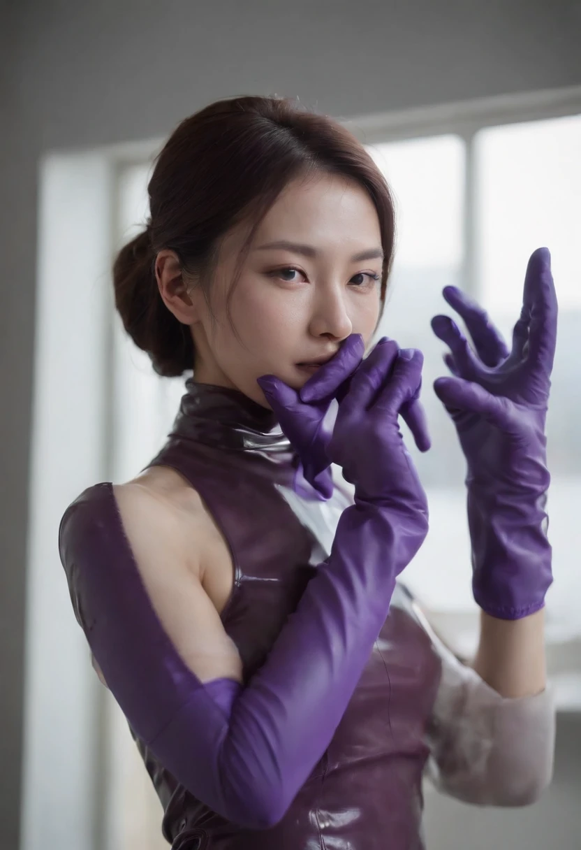 Meilin from Advanced Metal Gear Research Institute. Highly realistic. rubber glove、Purple rubber gloves、Purple cooking gloves、Long gloves、Glossy gloves、Glossy apron、Gripping the、Getting wet with white liquid、cum shots、Wear a mask、Rubber Mask、